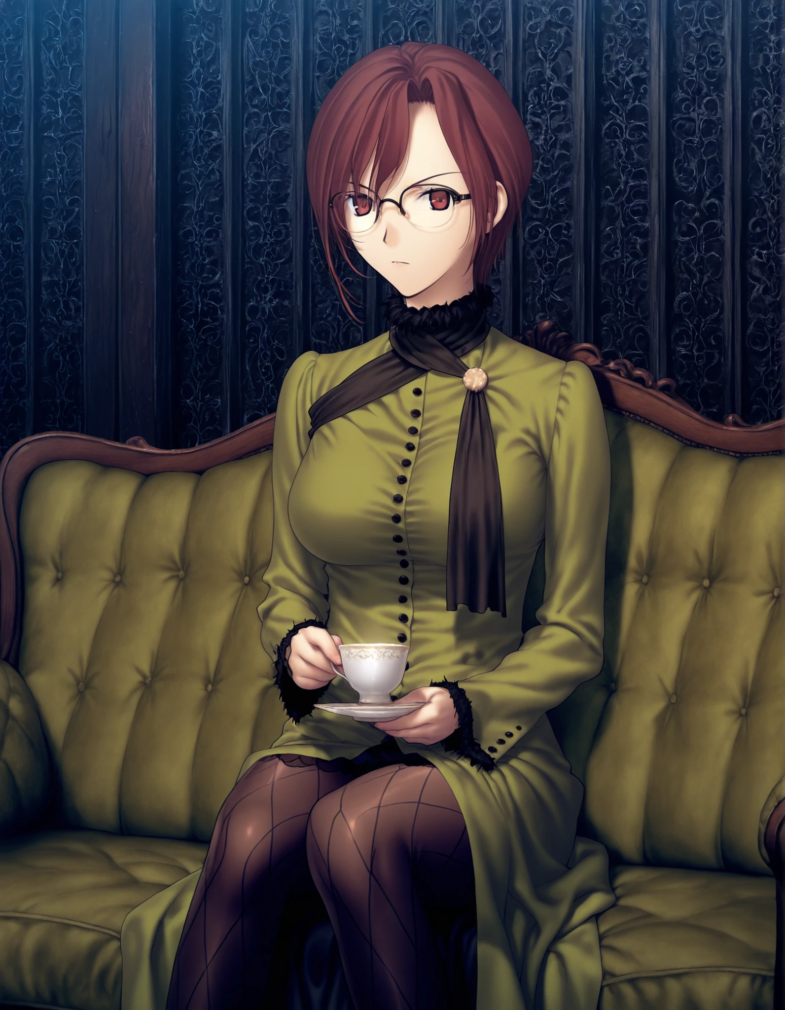 Witch on the Holy Night Style,Aozaki Touko,1girl,solo,glasses,pantyhose,cup,short hair,sitting,green couch,red eyes,red hair,dress,teacup, ((aged up)) (small ),
<lora:Witch on the Holy Night_illustriousXL:1>,