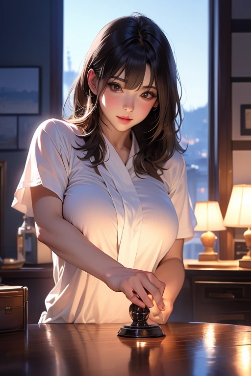 (masterpiece:1.2, Highest quality), (Realistic photos), Beautiful illustrations, (Natural side lighting, Cinema lighting),(1 person), Japanese, 20-year-old female, Perfect Face, Symmetrical cute face, Glowing Skin,(Black straight long hair)、Dark blue eyes, (:1.1), Slender build、Beautiful Hair, Beautiful Face, Fine and beautiful eyes, Beautiful body, Beautiful ,(White shirt、Tight Skirt)、Earrings、smile、Blushing、stand、whole body、window、Night view、moon、Around town