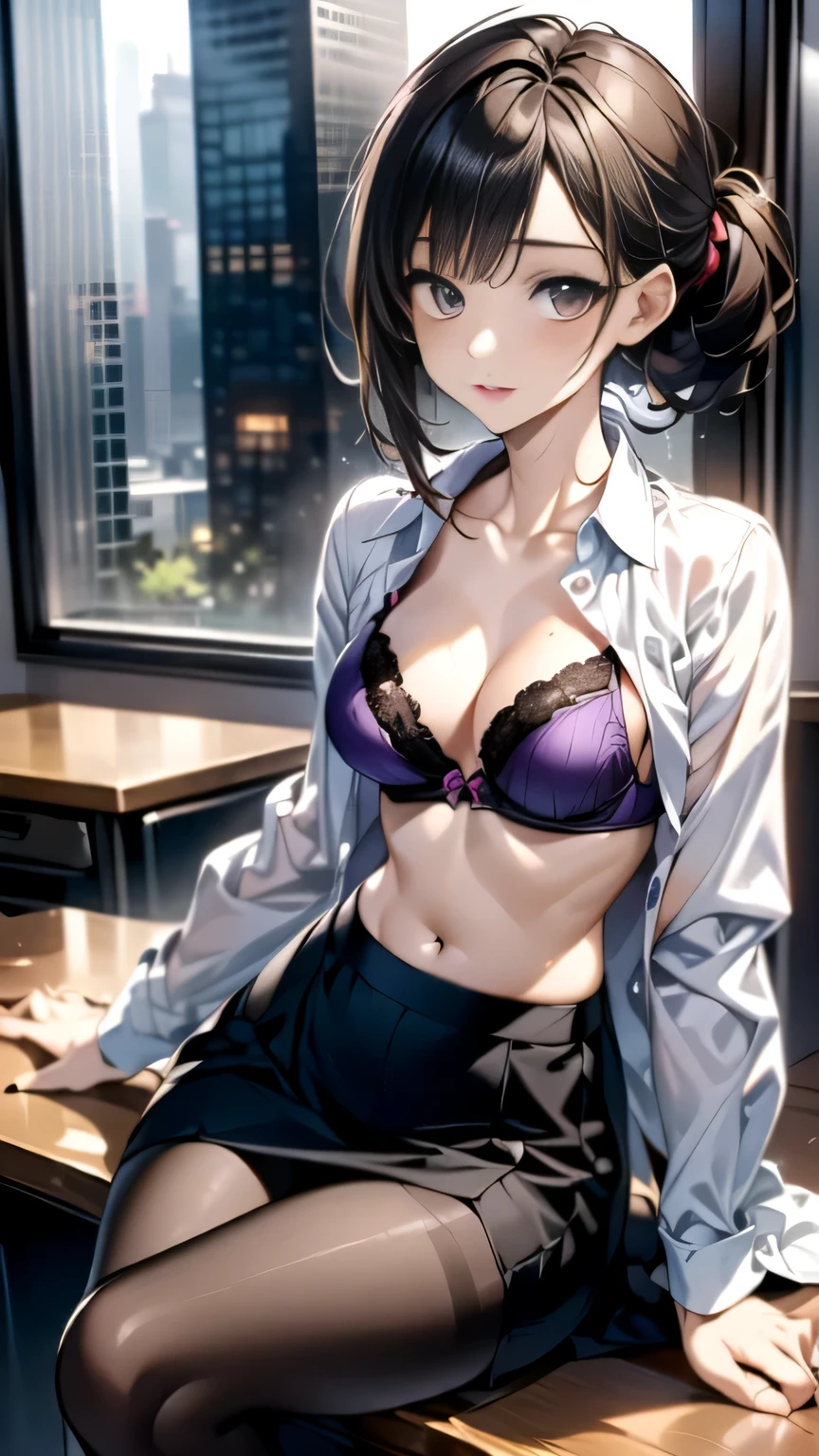 (masterpiece:1.2, top-quality), (realistic, photorealistic:1.4), beautiful illustration, (natural side lighting, movie lighting), 
looking at viewer, ( shot), 1 girl, japanese, 18 years old, perfect face, perfect body, cute and symmetrical face, shiny skin, babyface, 
(short hair, bob cut, long sideburns, light brown hair), hair between eyes, emerald green eyes, (middle ), slender, 
beautiful hair, beautiful face, beautiful detailed eyes, beautiful clavicle, beautiful body, beautiful , beautiful thigh, beautiful legs, beautiful fingers, 
(((white bra, white ), black business jacket, close clothes, black tight mini skirt), clavicle,  legs), 
(beautiful scenery), evening, (office hallway), wariza, head tilt, hands between legs, (surprised),