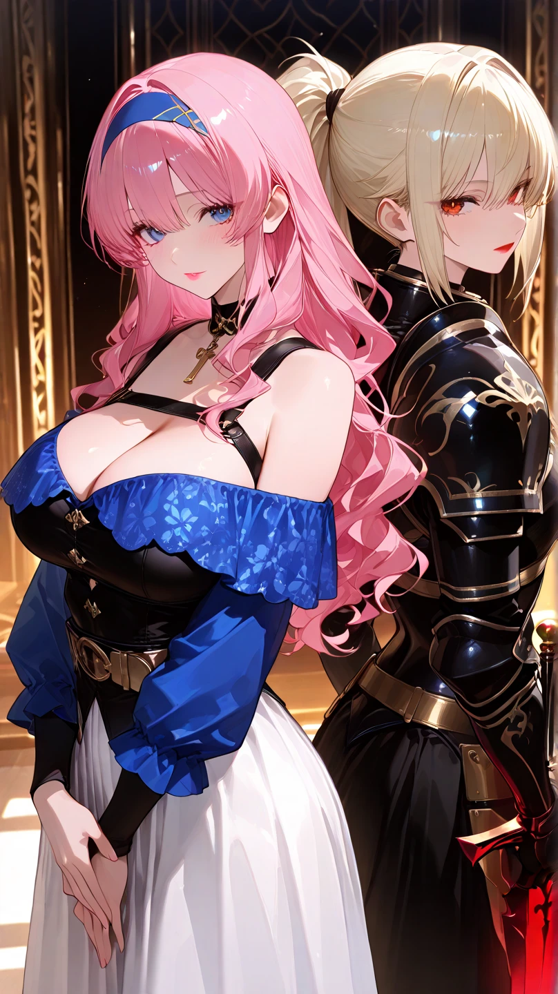 2 girl, posing for a picture on bed, hugging each other, boob touching, hand on ?????, touching ??????, (two tone colored hair, red and white hair), blushed face, battle knight suit, ?????? plate, long skirt, big ??????, pixiv, anime girls, mischievous facial expression, (beautiful detailed eyes:1.6), extremely detailed face, perfect lighting, extremely detailed anime illustration, (perfect hands, perfect ???????),