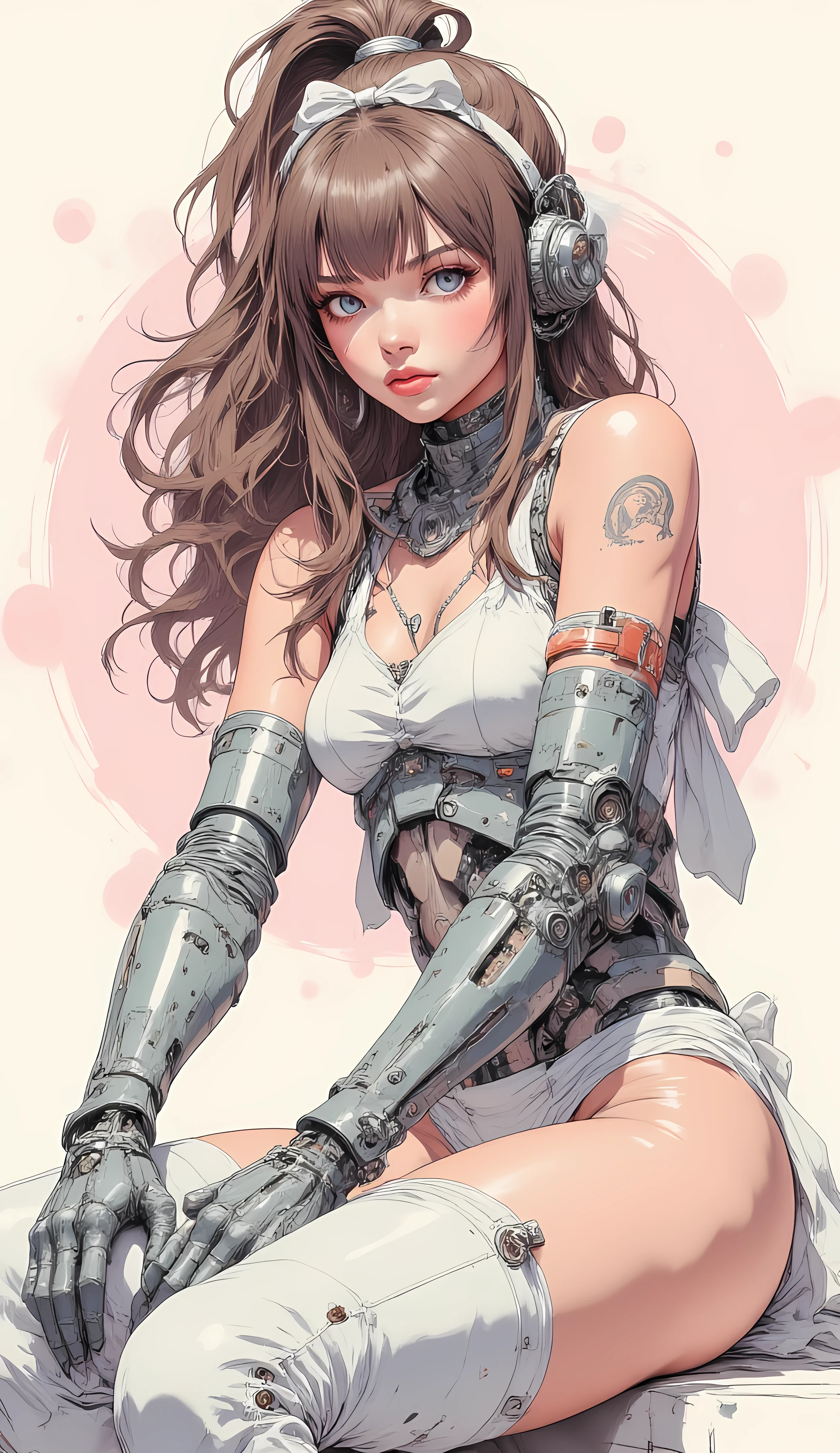 Light pastel color.
A highly detailed, photorealistic pencil drawing of: "She creates a digital image of a young cyborg woman in anime style. The girl should have long wavy brown hair, style collected in a high tail with a white ribbon on the top of her head. She has a fringe that covers her forehead and big expressive blue eyes. Her complexion is fair and has pink lips.
She wears clothing that combines organic and mechanical elements. Her upper body features a sleeveless white top with a bow on the front. Her arms are gloved with gray metallic sleeves and visible mechanical details on the hands and forearms. She also wears a sort of white slip with a small bow on the side. Her legs are covered with white thigh-high socks.
The girl is seated, with her legs bent to the side and her hands placed on her knees. Her pose is slightly turned towards the viewer, with the look directed forward.
The background should be abstract and nuanced, with spots of pink color, bianco e grigio, creating an ethereal and dreamy atmosphere. The artistic style should recall digital illustration and AI art, with particular attention to the details of the hair, of the eyes and the mechanical parts. The lighting should be soft and diffused, creating a delicate and sensual atmosphere.
Make sure the cyborg design is futuristic but elegant, avoiding excessively aggressive or science-fiction details. The goal is to create an image that is a mix of organic beauty and advanced technology.