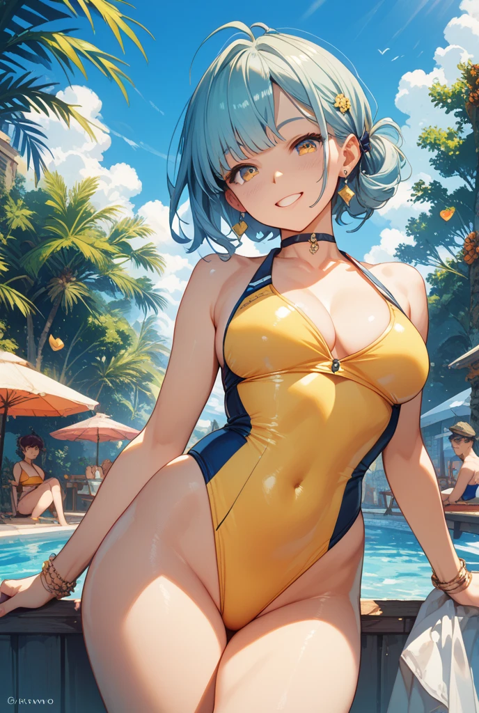 ((best quality)), ((masterpiece)), (detailed),nsfw, photorealistic, ultra high res, intricate, hyperdetailed, (),
cute, feminine,  detailed body , (detailed face:1.1), (outlined iris),  (hidrocor lenses), (perfect eyes),
4k, beautiful,  <lora:eyeLora_eyesV10:0.4>:1.3 ,
1girl,
<lora:bimbostyleFiveUSD:0.75> 
jogging
at 
((Towering Tropical trees with broad leaves stretching up towards the sky, forming a dense canopy overhead,Vines and creepers snaking their way up the tree trunks and dangling down from the canopy,Brightly colored flowers in a variety of shapes and sizes blooming among the trees and bushes,A variety of ferns, mosses, and other small plants thriving in the humid environment,Small mammals such as monkeys or squirrels, darting among the trees or clinging to the branches, Birds with vibrant plumage darting through the trees or perched on branches,The occasional stream or river running through the jungle, providing a source of water and a home to fish and other aquatic life))
a( tower and Tome and essences and candle and Telekinetic and Xorn's lair )
Polyester,Flannel 
<lora:eyepatchBikini_v10:1>
large lips:1.3  , (thick lips:1.3),
massive :1.2, 
she has blue and golden yellow  colored  short length with a floating hair and spiky hair and chopped crop hair hair style,
art by makoto shinkai and trending on artstation and wlop