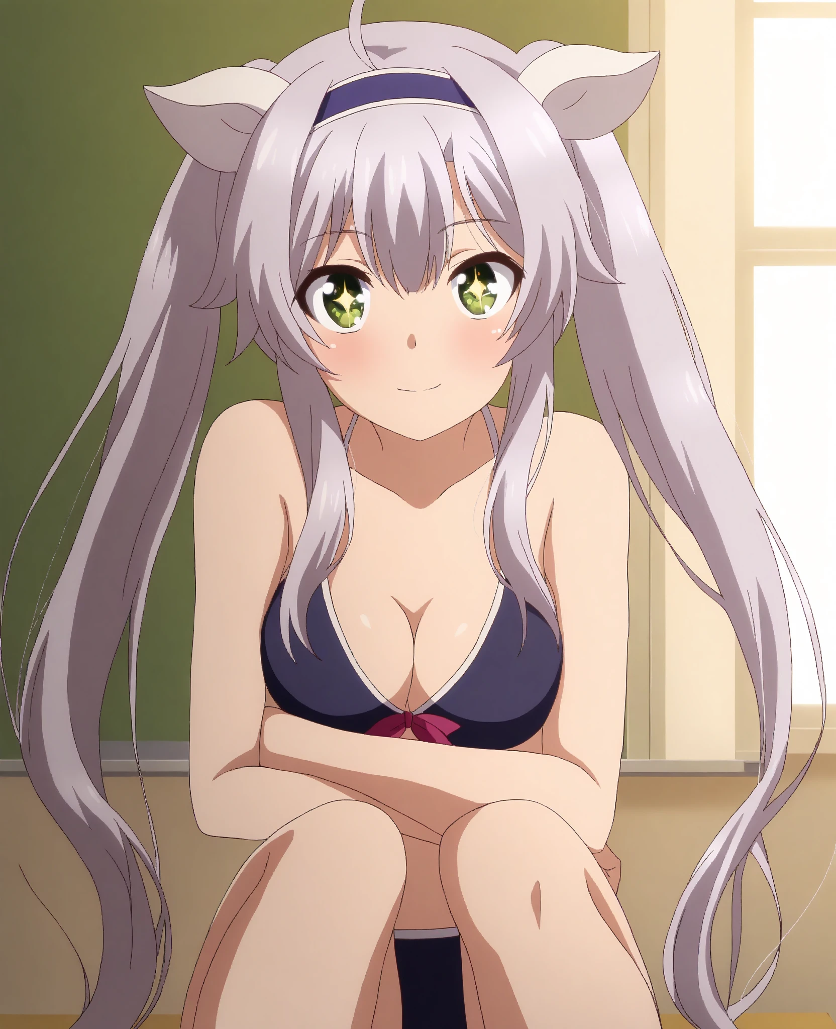 highres,absurdres,masterpiece,best quality,newest,<lora:MeMaXL5 Type B Vpred Noob:1>,1girl,white hair,very long hair,dark-skinned female,(close-up:1.5),sitting,straight-on,spread legs,solo focus,black lace-trimmed legwear,green eyes,blush,smile,large breasts,white nightgown,pink panties,looking at viewer,bedroom,eyewear on head,hand on ,