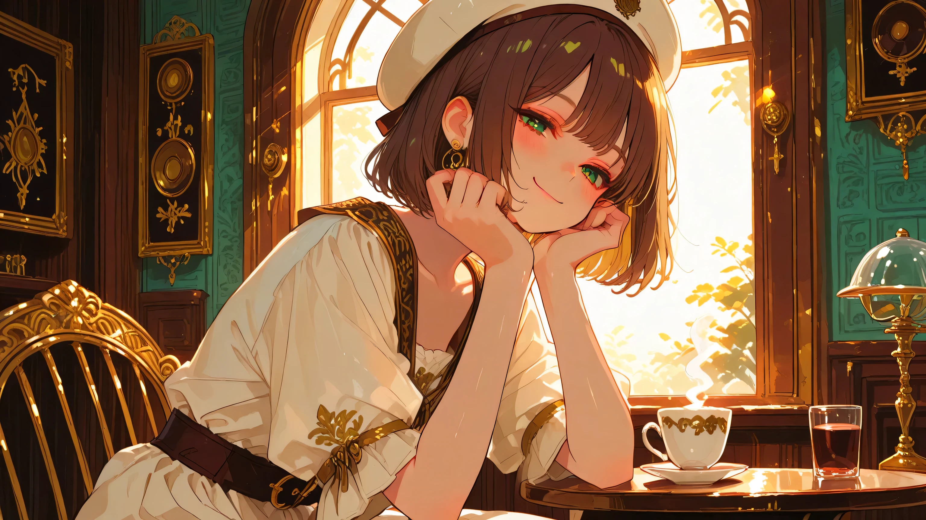masterpiece, best quality, newest, absurdres, highres,
vintage swing sunday atmosphere, elegant art deco aesthetic,
warm soft brown color palette, golden highlights, retro charm,
1girl, solo, short dark brown hair, shiny green eyes, soft cheerful smile, relaxed and stylish expression,
wearing elegant vintage outfit with soft brown tones, beret or small hat,
sitting in cozy vintage cafe with warm sunlight filtering through window,
cup of coffee or tea on table, old gramophone or retro radio nearby,
background decorated in art deco patterns — geometric gold and brown motifs,
soft cinematic lighting, cozy and classy Sunday vibe,
modern anime style with vintage influences,
beautiful expressive eyes, perfect ,
focus on relaxed mood, style, and elegance,
full harmony of brown, beige, gold, and cream tones,
no extra hands, no extra fingers, no extra limbs