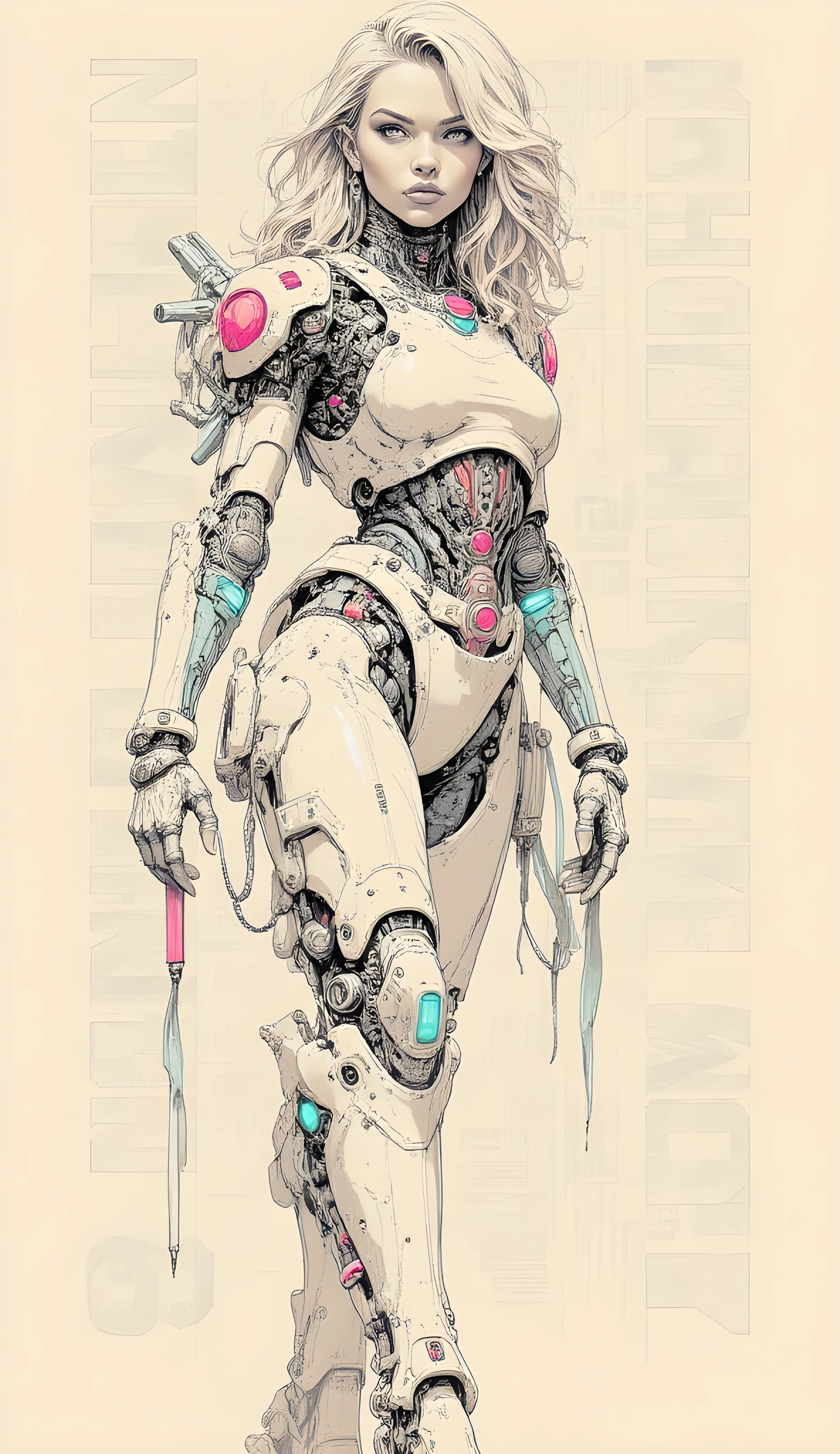 Light pastel color.
A highly detailed, photorealistic pencil drawing of: "**Capolavoro, 8k, very high resolution**, **half-length portrait** di una **bellissima donna** con **cybernetical body parts**.
**Ambientazione:** **post-apocalyptic world**.
**Soggetto:** Espressione **sexy e determinata**, **curve femminili**.
**Estetica Cyborg/Tecnologica:** **Futuristic cyborg aesthetics**, **fusion of human and machine**, **technological systems**, **partially mechanical arts**.
**Dettagli Aggiuntivi:** **Intricate ornamental details**, **elementi tecnici**.
**Stile:** **Digital illustration**, **stile cyberpunk**, **elementi steampunk** (sottili).
**Line Quality and Color:** **Linee pulite** (clean lines), **pastel color palette**, skin surface **beige**, **punti luce** (highlights) **shocking pink and light blue**.
** Lighting and background :** **Well balanced neon neutral lighting** (well-balanced neutral neon lighting), **alto contrasto** e **saturazione** elevata. Sfondo con **programming language typography** (programming language typography in background).