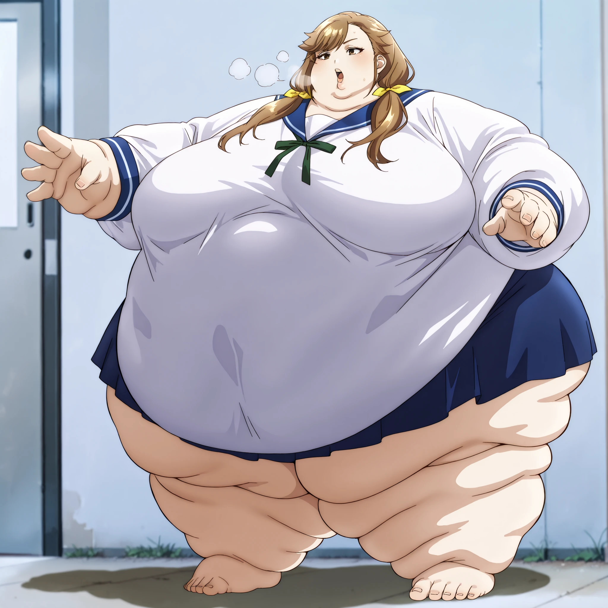  tenjousora
brown eyes, long hair, asymmetrical hair, asymmetrical bangs, brown hair, low twintails, hair ribbon
white shirt, blue sailor collar, neck ribbon, long sleeves, blue skirt, fat, chubby, obese, fat neck, multiple chins, big breasts open mouth, out of breath, Larger female, full body shot, only head, large head, oversized limbs, large hands, large feet, oversized feet, oversized fingers, big lips, plump lips, fat face, fupa, big fupa, fat fupa, 