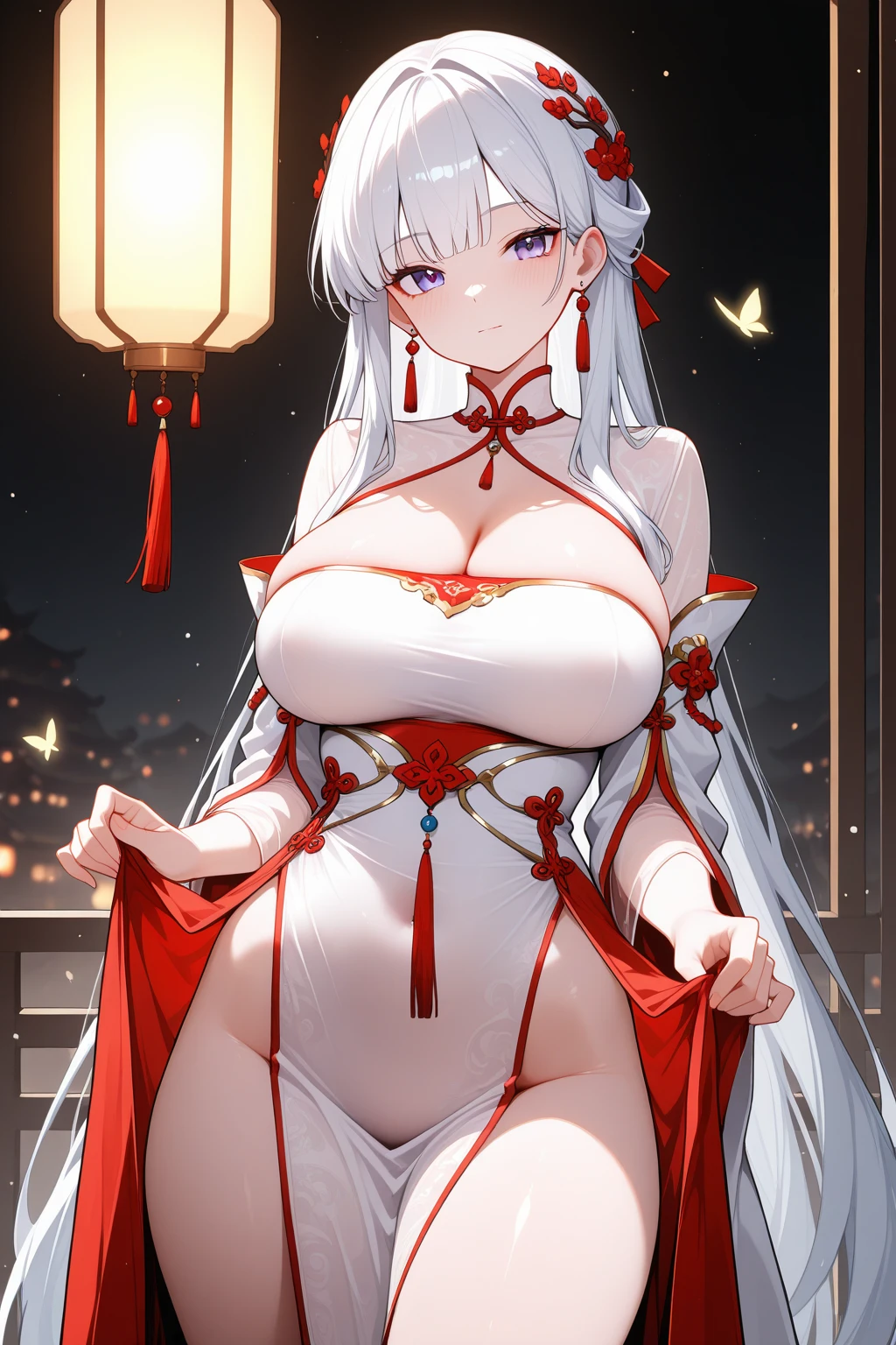 , masterpiece, extra limbs, 1goddess , age fifties woman 2600 years old, ((white absurdly long hair blunt bangs hime cut pubic hair)),(((tareme rose eyes))),   fat body beautiful , (((happy))), , sitthing,crotch grab,(spread pussy,uterus,urethra),pregnant,pale skin,raven wings,japanese shrine miko,japanese shrine,night