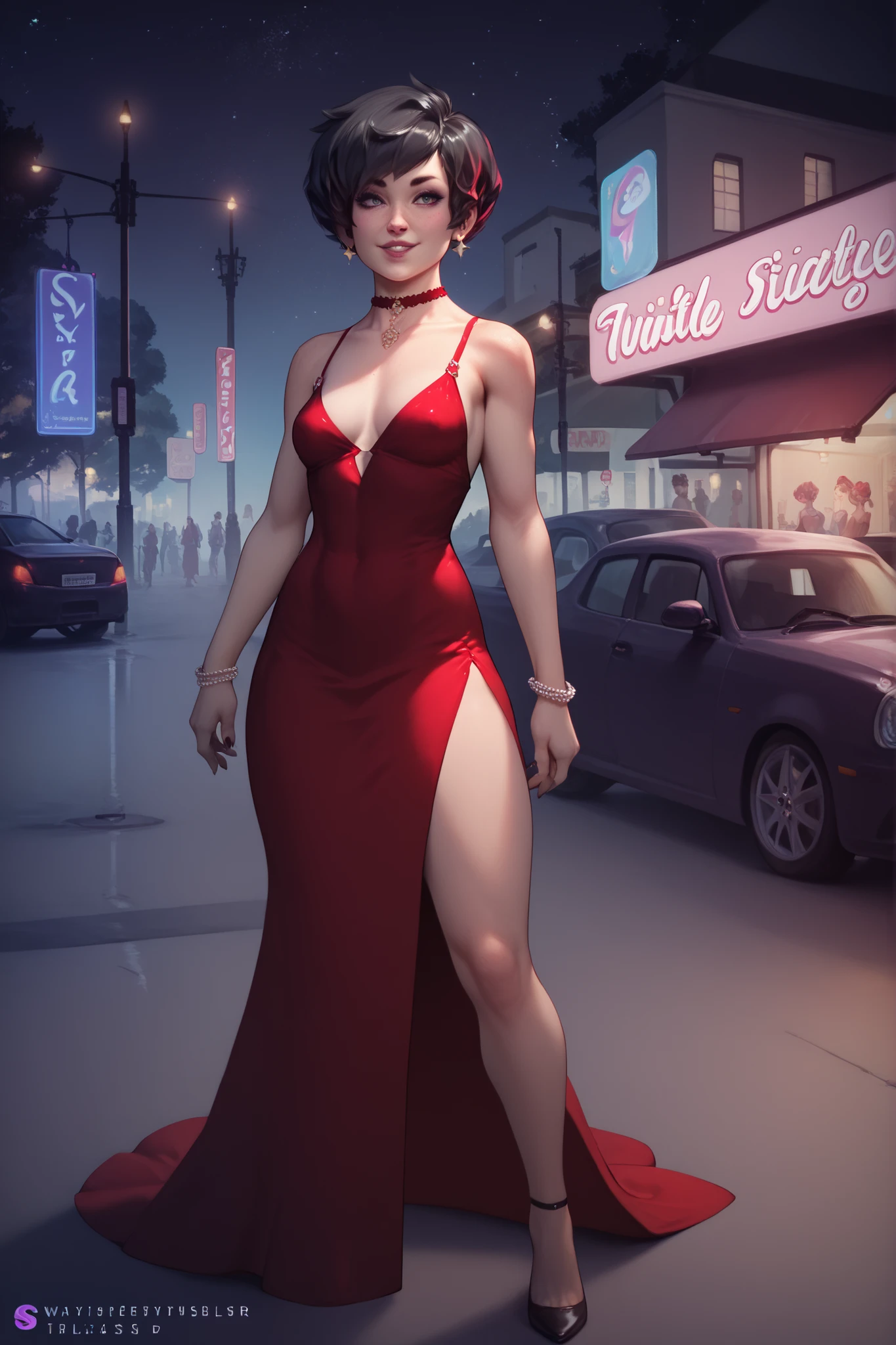 Girl, pixie hair, wearing an elegant red dress, black hair dress, fair skin, looking at me, small breasts, thin, small body. Standing tonight, on the street, starry night (High quality, 4k, HD)