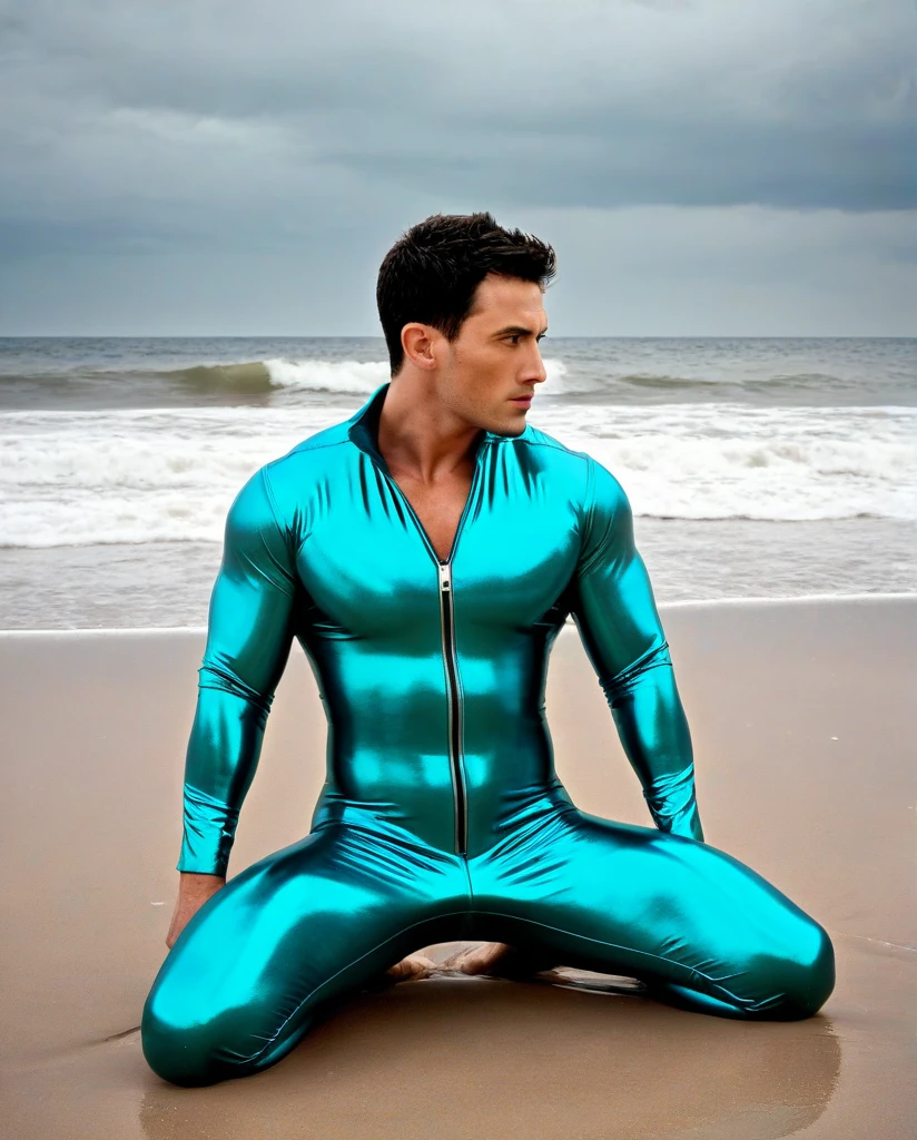 Pablo is 25 years old.  Muscular body. Dress with blue swimsuit. Standing on a beach on a full moon night