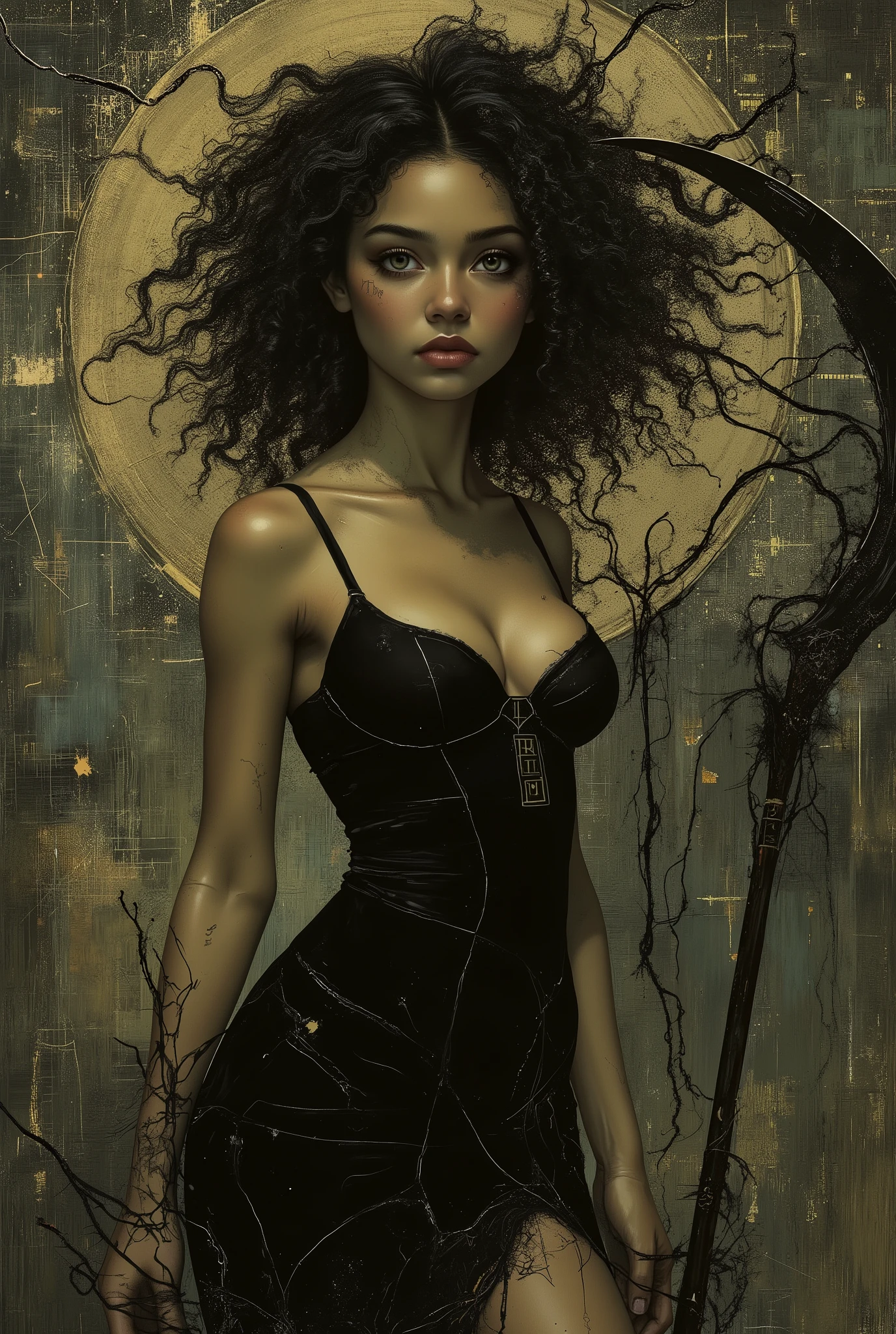 a dark-haired woman in a black dress, the most beautiful female death in the world, mixed african american with lovely caramel skin and thick thighs big beautiful , nice waist, small round , holding a scythe with the letters "HNP" engraved on it, dark fantasy, gothic, dramatic lighting, cinematic, detailed portrait, chiaroscuro, dramatic pose, intricate clothing folds, muted colors, moody atmosphere, highly detailed, photorealistic, 8k, masterpiece, neon colored, (oil painting,digital painting,masterpiece:1.2),photorealistic,8k,detailed,vivid,dynamic composition (dark and gloomy abstract painting),(dark colors,moody,ominous,mysterious,enigmatic:1.2),(abstract,surreal,avant-garde,conceptual art:1.1),organic shapes,textured brush strokes,dark tones,high contrast,emotive,evocative,atmospheric,cinematic