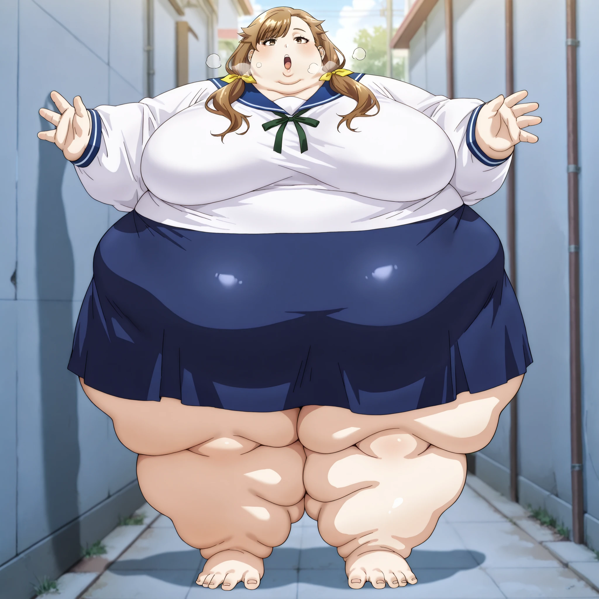  tenjousora
brown eyes, long hair, asymmetrical hair, asymmetrical bangs, brown hair, low twintails, hair ribbon
white shirt, blue sailor collar, neck ribbon, long sleeves, blue skirt, fat, chubby, obese, fat neck, multiple chins, big breasts open mouth, out of breath, Larger female, full body shot, only head, large head, oversized limbs, large hands, large feet, oversized feet, oversized fingers, big lips, plump lips, fat face, fupa, big fupa, fat fupa, 