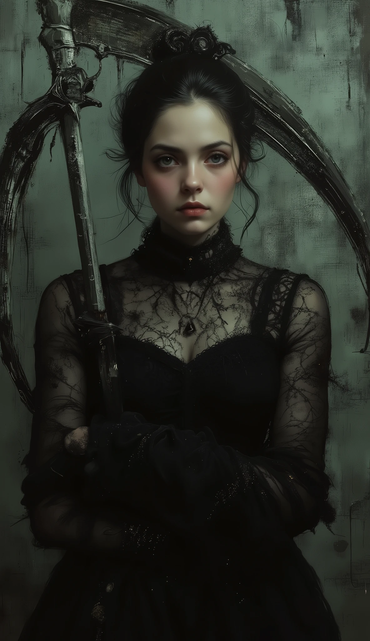 a dark-haired woman in a black dress, the most beautiful female death in the world, holding a scythe with the letters "EAA" engraved on it in ornate spidery script , dark fantasy, gothic, dramatic lighting, cinematic, detailed portrait, chiaroscuro, dramatic pose, intricate clothing folds, muted colors, moody atmosphere, highly detailed, photorealistic, 8k, masterpiece, neon colored, (oil painting,digital painting,masterpiece:1.2),photorealistic,8k,detailed,vivid,dynamic composition (dark and gloomy abstract painting),(dark colors,moody,ominous,mysterious,enigmatic:1.2),(abstract,surreal,avant-garde,conceptual art:1.1),organic shapes,textured brush strokes,dark tones,high contrast,emotive,evocative,atmospheric,cinematic