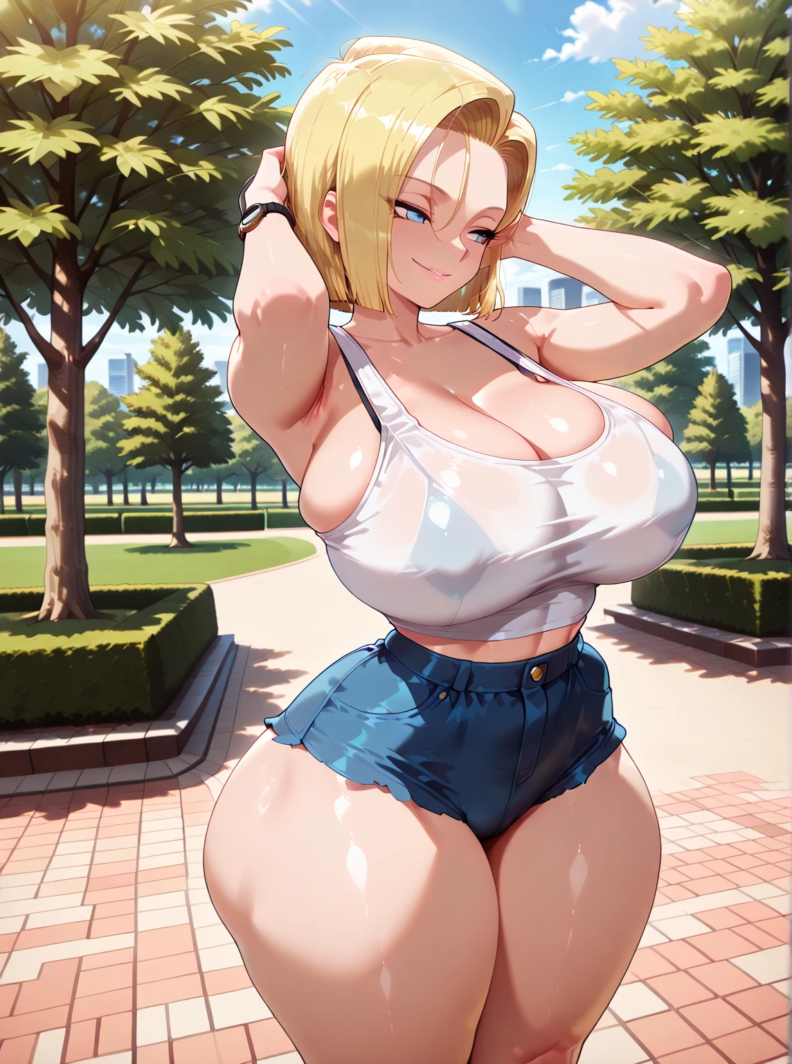 looking at viewer, (gleaming skin:1.3), blush, angry, A girl with blonde short hair, tan skin, sky-blue eyes, open mouth, wearing a white , ,standing, (cityscape:1.6). arms behind back. 1girl, extremely detailed CG, super detailed skin, perfect , dynamic lighting, beautiful detailed eyes, Top quality、Realistic、woman、milf 、Beautiful Eyes、Symmetrical eyes、(angry:1.4)、 ( bigger than face、curvy body:1.2)、 (white :1.6), pigeon toad、