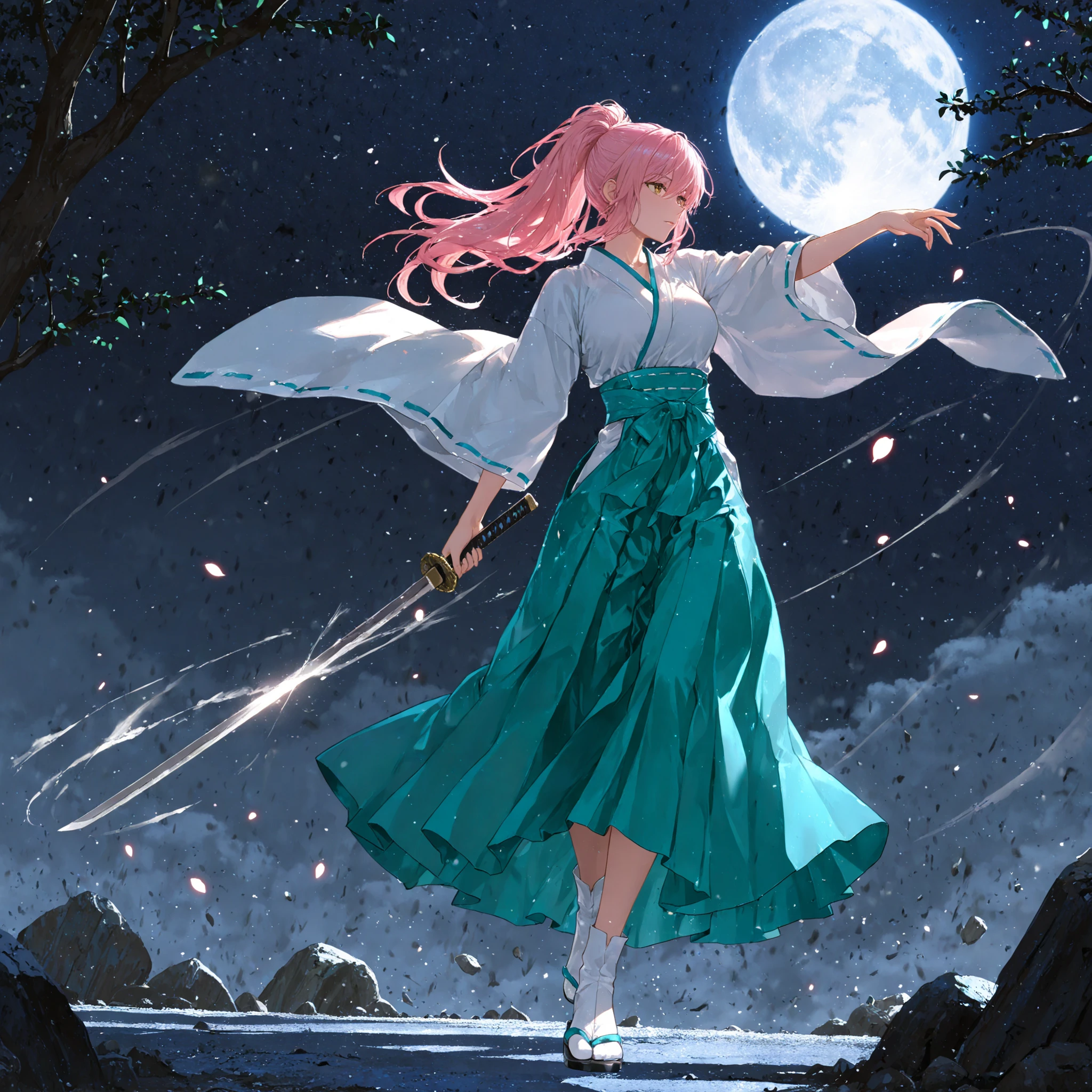 (masterpiece, best quality, ultra-detailed, cinematic anime illustration),
miko-inspired girl performing a dynamic dance on the moon surface,
long pink hair in flowing ponytail spinning with rotation,
yellow eyes filled with melancholy and subtle sadness,
pure white kimono and light blue hakama dramatically swirling in motion,
white tabi socks, floating midair with moon rocks and dust levitating around her,
arms extended in twisting, elegant dance pose,
holding intricately designed seven-branched sword (shichishitō) in right hand,
distinct ceremonial Japanese weapon with multiple protruding branches, ornate engravings, glowing faintly,
moon dust, tiny rocks, and faint sparkling particles swirling in spirals around her feet and blade,
dynamic motion trails of fabric and hair emphasizing rotation and grace,
dramatic low-angle perspective highlighting midair pose and floating elements,
soft moonlight reflecting off fabric, sword, and rocks,
floating petals and sacred talismans caught in her spin,
background: cratered moon surface with distant peaks and ridges, starry space above, no Earth visible,
motion blur on hair, sleeves, hakama, and flying debris to convey rotation and speed,
ethereal, melancholic, nostalgic, fantasy-cinematic atmosphere,
sense of zero gravity, intense yet graceful energy, visually breathtaking, ultra-realistic textures on fabric, sword, and lunar rocks, anatomical perfect, focus on the girl