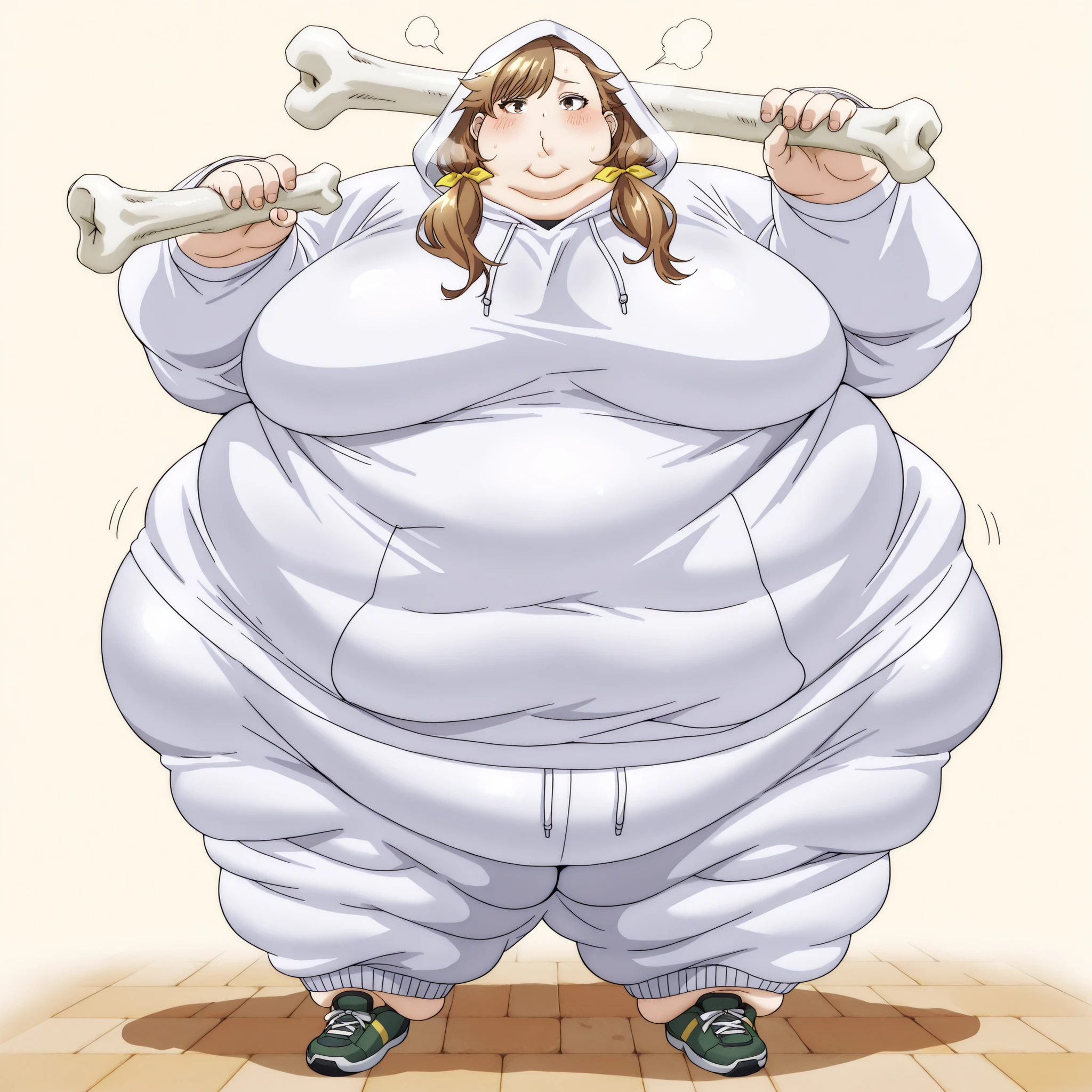  tenjousora
brown eyes, long hair, asymmetrical hair, asymmetrical bangs, brown hair, low twintails, hair ribbon, hoodie, hood up, sweatpants, shoes, fat, chubby, obese, fat neck, multiple chins, big breasts, Big lips, Out of breath , larger female, full body shot, Only head, large head,  oversized limbs , large hands, large feet, oversized feet, oversized fingers, Big lips, plump lips, fat face, bone, big bone, fat bone, embarrassed 