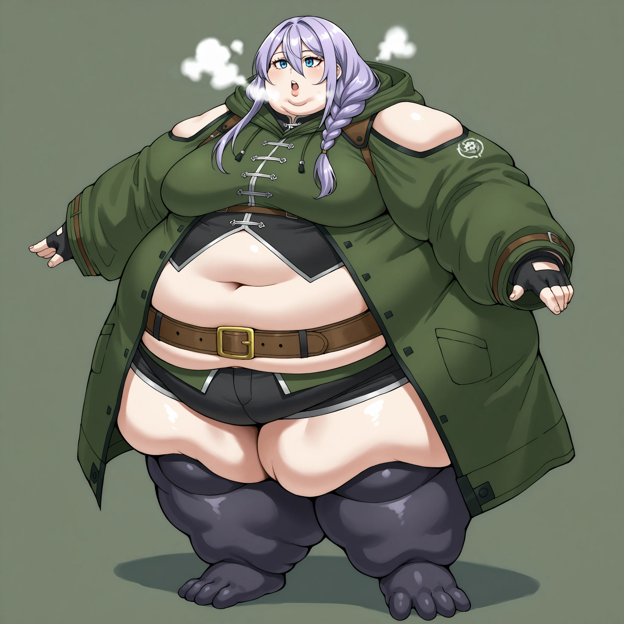<lora:StS_detail_slider_v1:3>, zPDXLxxx, <lora:Luna_PONYXL_VexVexX:1>, Luna, blue eyes, purple hair, long hair, braid, hair over shoulder, hair between eyes, bangs, small breasts, coat, green coat, hooded coat, shoulder cutout, long sleeves, shorts, short shorts, black shorts, midriff, belt, fingerless gloves, black gloves, fat, chubby, obese, fat neck, multiple chins, big breasts open mouth, out of breath, Larger female, full body shot, only head, large head, oversized limbs, large hands, large feet, oversized feet, oversized fingers, big lips, plump lips, fat face, fupa, big fupa, fat fupa,