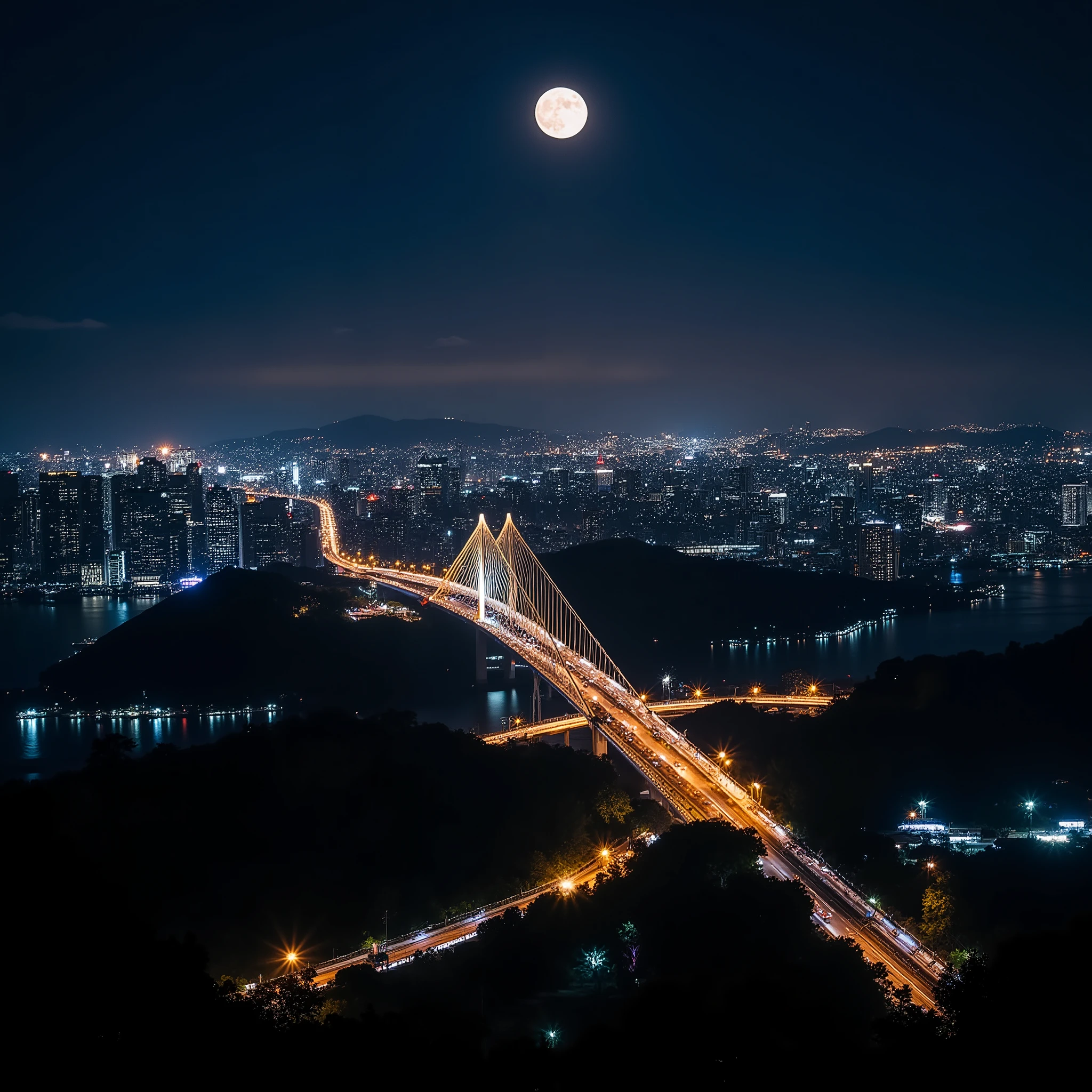 Breathtaking night views overlooking the big city in the middle of the night、Starry sky of a city woven with countless lights、Silhouettes of skyscrapers and shining sea of neon、Light trajectory drawn by meandering highway car lights、The jet black sky spreading between the skyscrapers、fantastic reflection of light reflected on the wet road surface after the rain、Warm lights leaking through the windows of high-rise apartments、Beautiful Illuminations of the Rainbow Bridge、Hazy Horizon、 A full moon visible in the distance、breathtaking beauty、ultra high definition、long exposure photo、cinematic composition、8K、HDR、dreamy atmosphere