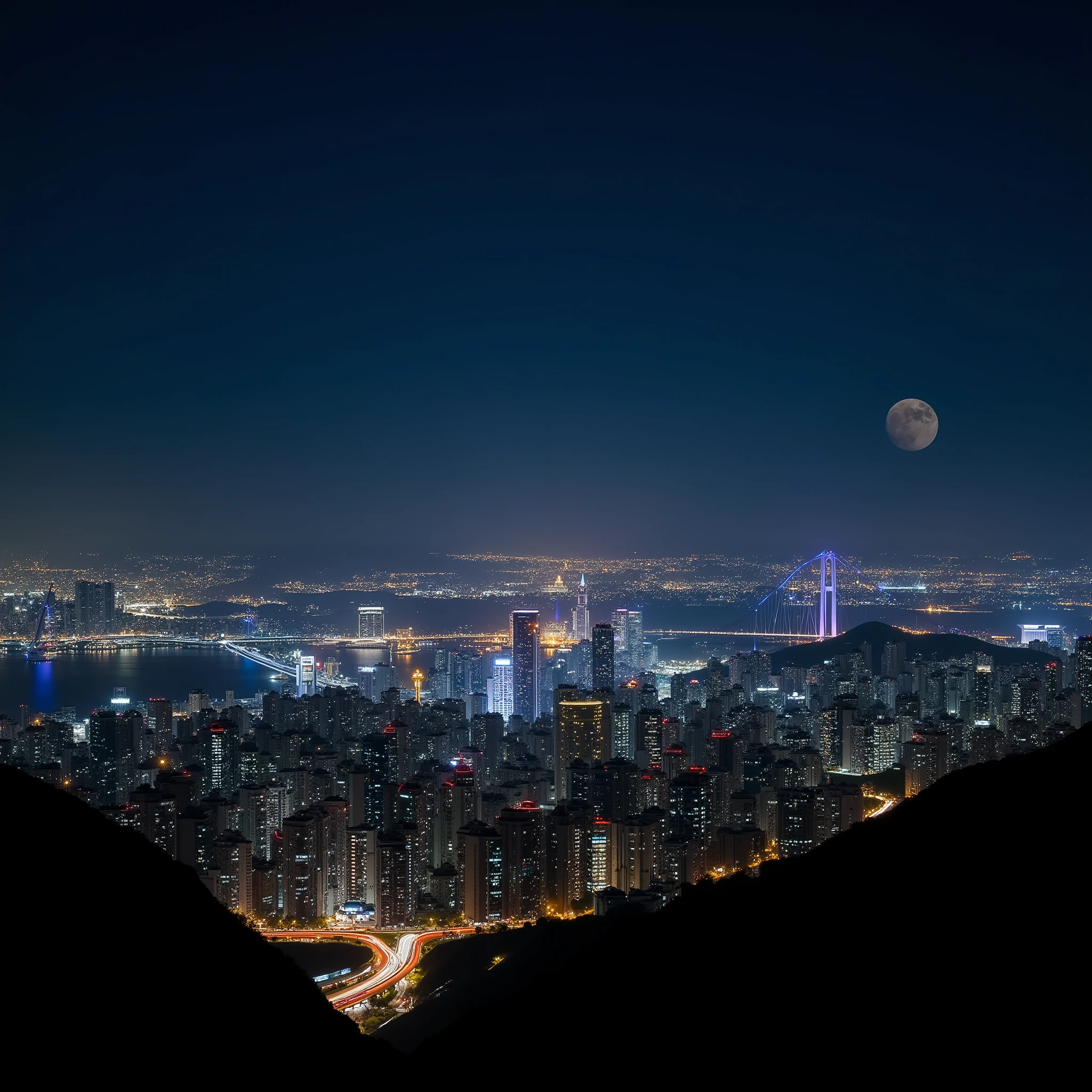 Breathtaking night views overlooking the big city in the middle of the night、Starry sky of a city woven with countless lights、Silhouettes of skyscrapers and shining sea of neon、Light trajectory drawn by meandering highway car lights、The jet black sky spreading between the skyscrapers、fantastic reflection of light reflected on the wet road surface after the rain、Warm lights leaking through the windows of high-rise apartments、Beautiful Illuminations of the Rainbow Bridge、Hazy Horizon、 A full moon visible in the distance、breathtaking beauty、ultra high definition、long exposure photo、cinematic composition、8K、HDR、dreamy atmosphere