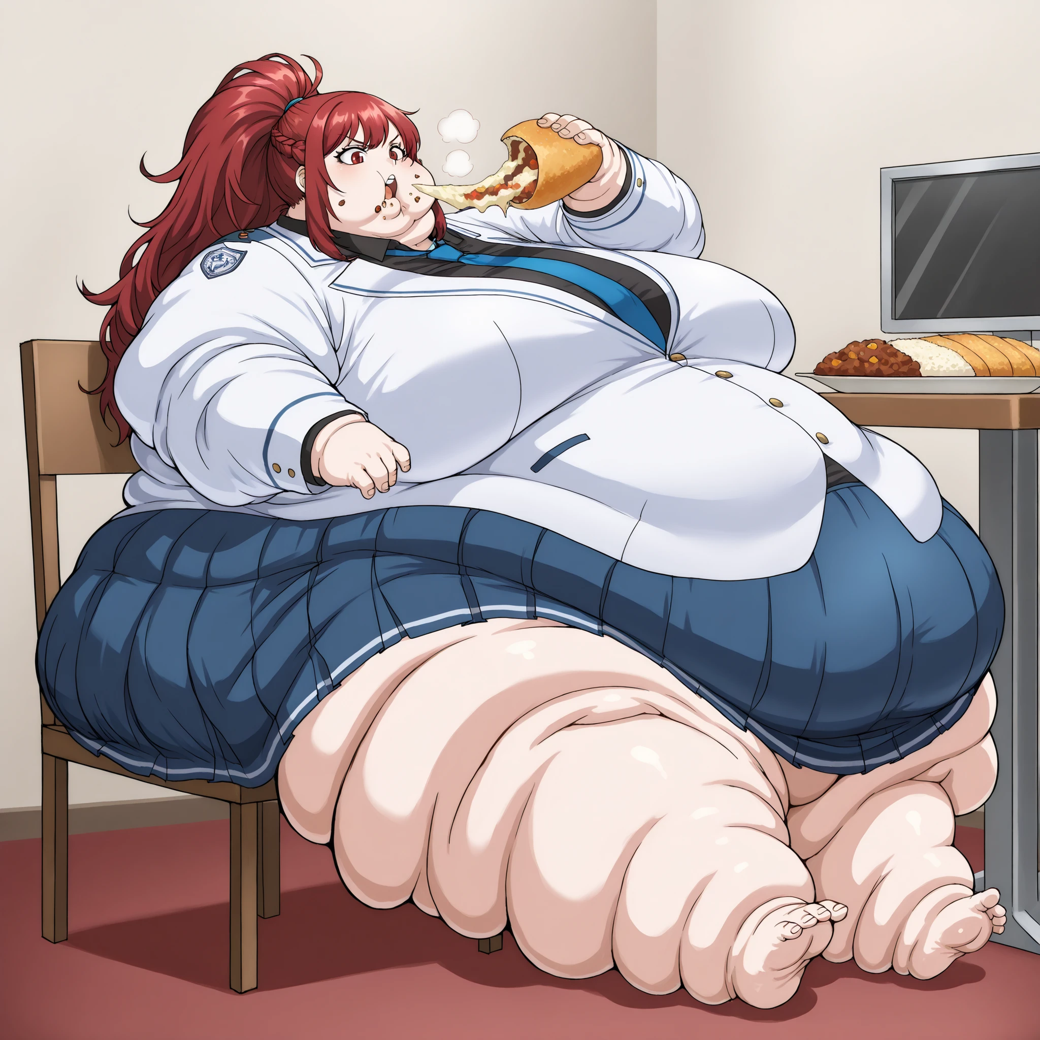  kaede kazama, long hair, bangs, red eyes, ponytail, braid, sidelocks, red hair, large breasts, skirt, shirt, long sleeves, school uniform, jacket, necktie, collared shirt, uniform, black shirt, white jacket, blue necktie, fat, chubby, obese, fat neck, multiple chins, big breasts open mouth, out of breath, Larger female, full body shot, only head, large head, oversized limbs, large hands, large feet, oversized feet, oversized fingers, big lips, plump lips, fat face, fupa, big fupa, fat fupa, sitting on chair, sitting down, table, dinning room, in front of tones of food, eating food, food in mouth, force fed, force feeding, (lora:force-feeding-ponyxl-lora-nochekaiser:1>, force-feeding, feeding, forced, full mouth, food, eating), rush of food, reclining back on chair, Extremely obese　puffy puffy fat　Body Length