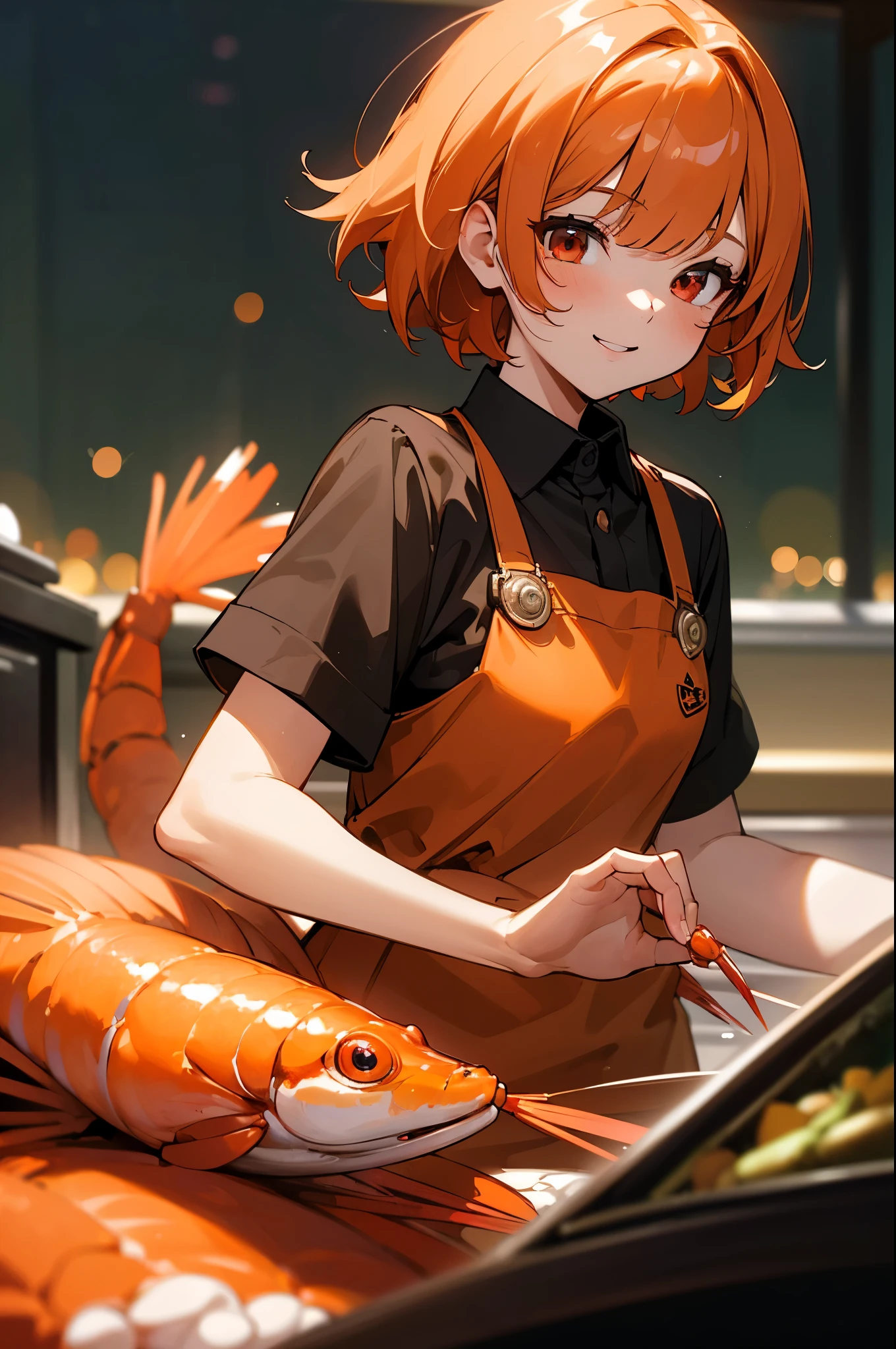 (masterpiece、Best Quality)、Exquisite details、8k、Sharp focus、(Bokeh) (Best Quality) (Skin refinement:1.3) (Exquisite details) (8k) (Detailed) (anime)、one woman、solo、orange hair、bob hair、round red eyes、big smiles、walk at night、From the side、Orange Clothes、black inner shirt、Upper Body Closeup、She cooks shrimp、kitchen background