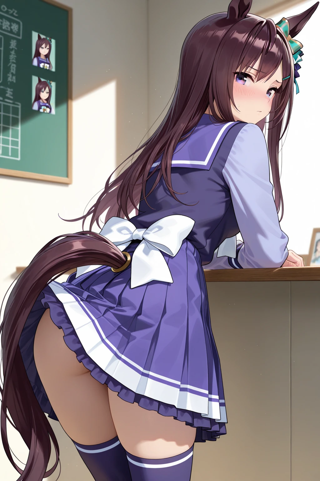 full body, barefoot, masterpiece, a beautiful schoolgirl, long hair, (fantasy library background), ,  a desk, , schoolgirl uniform,  on legs, cow bell on choker, happy face, looking to the viewer, big open eyes, blush