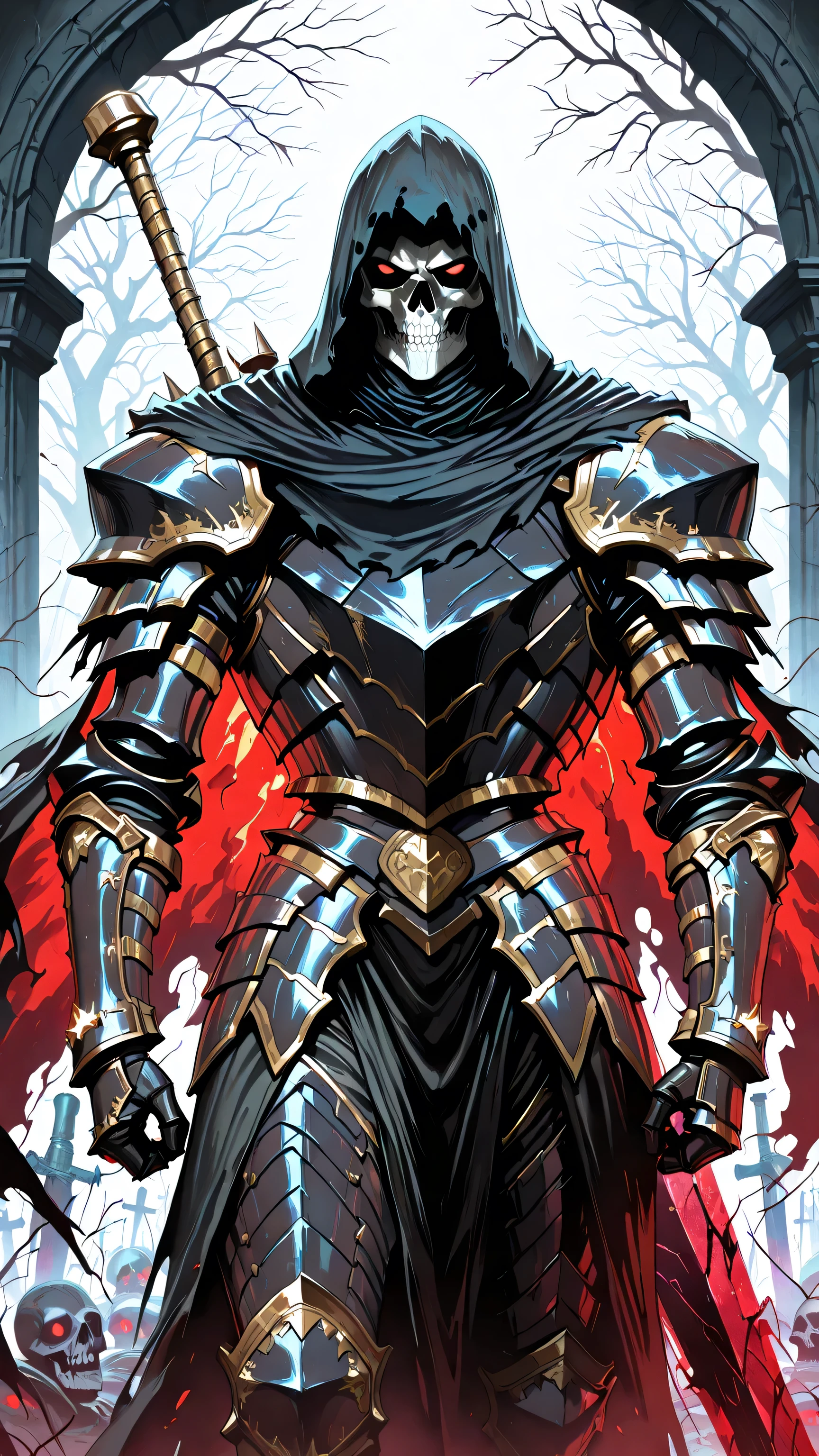 masterpiece, best quality, ultra-detailed, (1 boy, solo, dark skeleton knight, imposing armored undead knight crusader, (rusty ancient heavy armor, dark armor with gold trims), glowing red eyes, (black cape, tattered cape billowing), (grtblade, wielding massive jagged greatsword, greatsword leaning against shoulder), standing menacingly in frog-shrouded graveyard, moonlit tombstones, twisted dead trees, eerie blue mist, dramatic shadows, ominous atmosphere, fantasy setting, anime style, high contrast lighting, detailed upper body focus, clear view from knees upward, looking at viewer