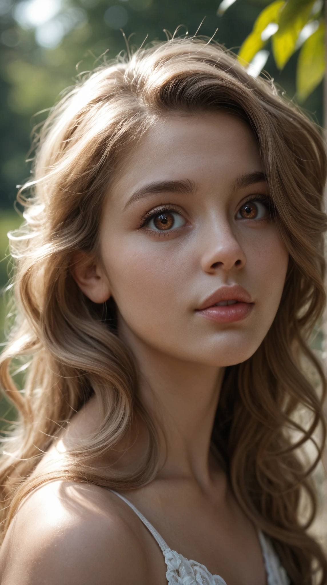 "Full body portrait of a charming 18-year-old woman with curly hair, small figure, Cara hermosa, Cautivadores ojos azules, and modest bust size, mostrando su belleza natural."