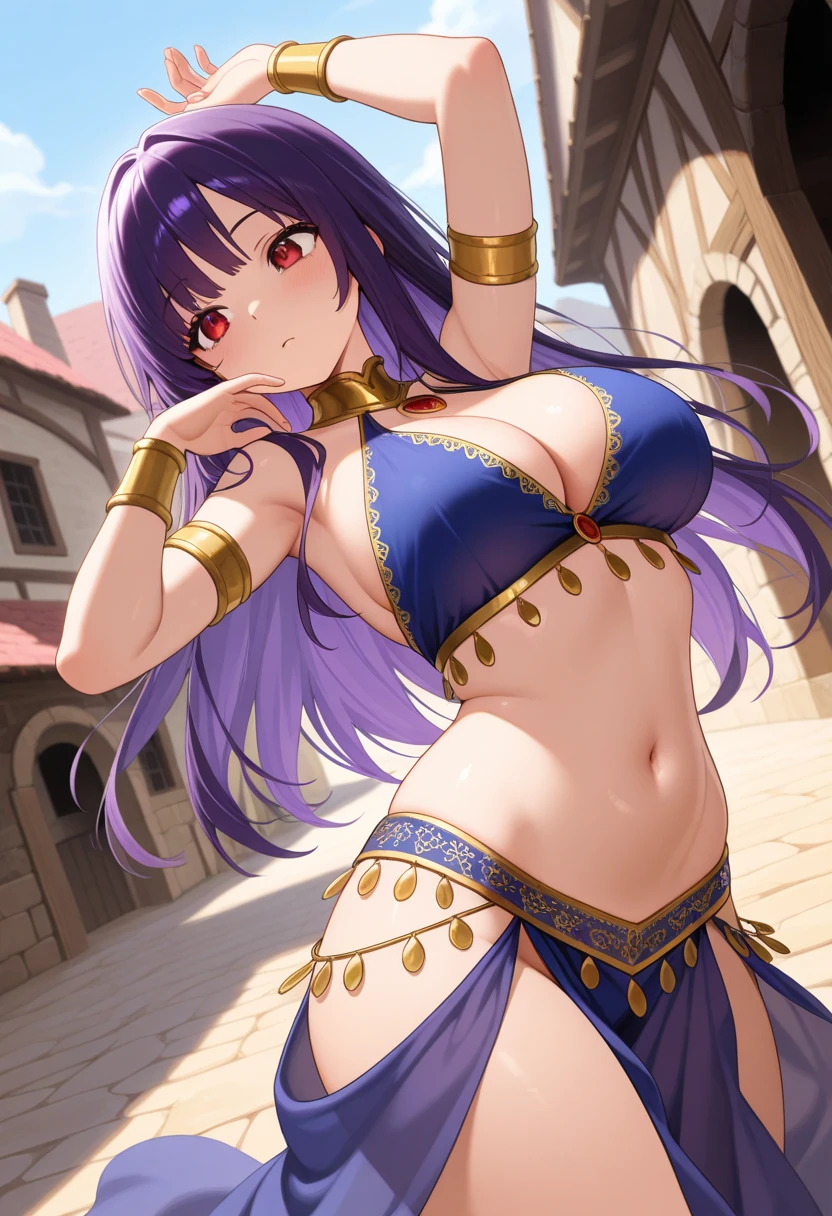 high quality, ultra detailed, best quality, insanely detailed, beautiful, masterpiece, 1girl, medieval plaza, cowboy shot, red eyes, long hair, purple hair, belly dancer, circlet, earrings, armlets, bracelets, bashful smile, large breasts, cleavage, soft stomach