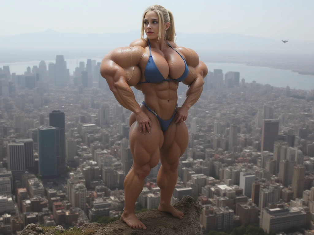 giantess 17 years old IFBB bodybuilder towering over continents, over a tiny cities, blue ??????, gray sky, clouds, foggy, giantess is 9999 meters tall, blonde, view from above, barefoot