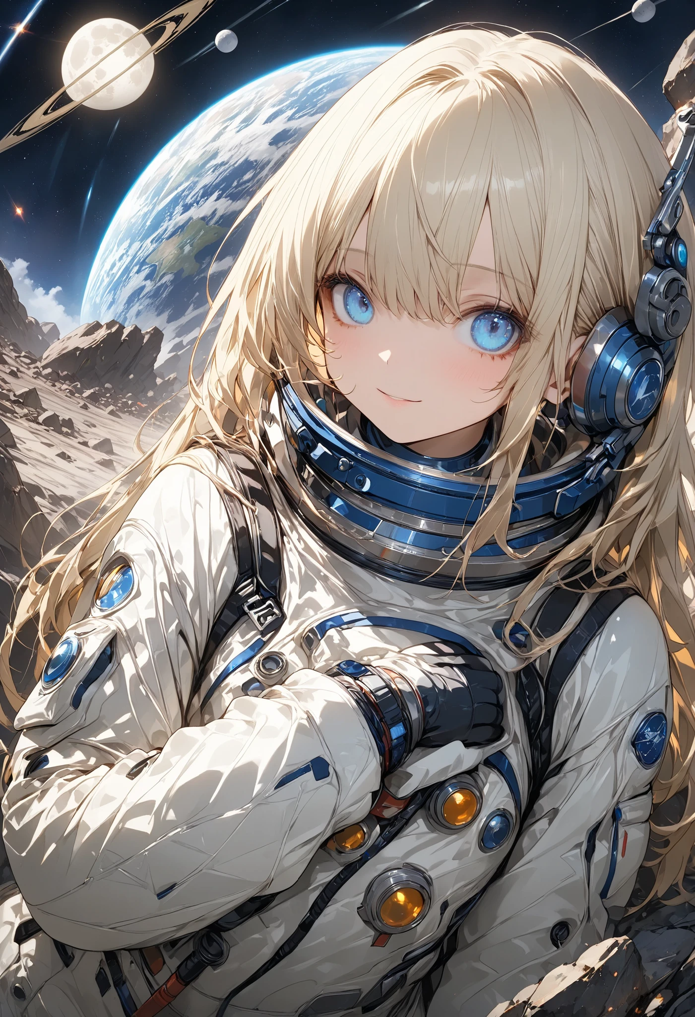 (masterpiece,Highest Quality,ultra detail,超high definition,detailed background),((flat color)),((colorful)),(1girl),watch the viewers,solo,cowboy shot、The Forgotten Star、planet、Daytime、小さなWhite Moon、meteor、空から降り注ぐmeteor、無数のmeteor群、Earth After Three Thousand Years、Earth without humans、Apocalypse Hotel、The Forgotten Earth、The edge of the galaxy、What kind of stories happened on this forgotten planet、The Forgotten Earth、🌏、Collapsed civilization、Covering up、Rubble spreads all over、A girl in a spacesuit looking into the distance、White Moon、 What kind of story happened on this forgotten planet、masterpiece，（masterpiece），full body view ,best quality ，（Highest Quality）， cinematiclighting ，（cinematic lighting）、beautiful detailed eyes ，eye detail connected to an electric wire，uitra-detailed，（Super Detailed），highresolution， （high definition），8k，8K resolution，official art，（official illustration style），