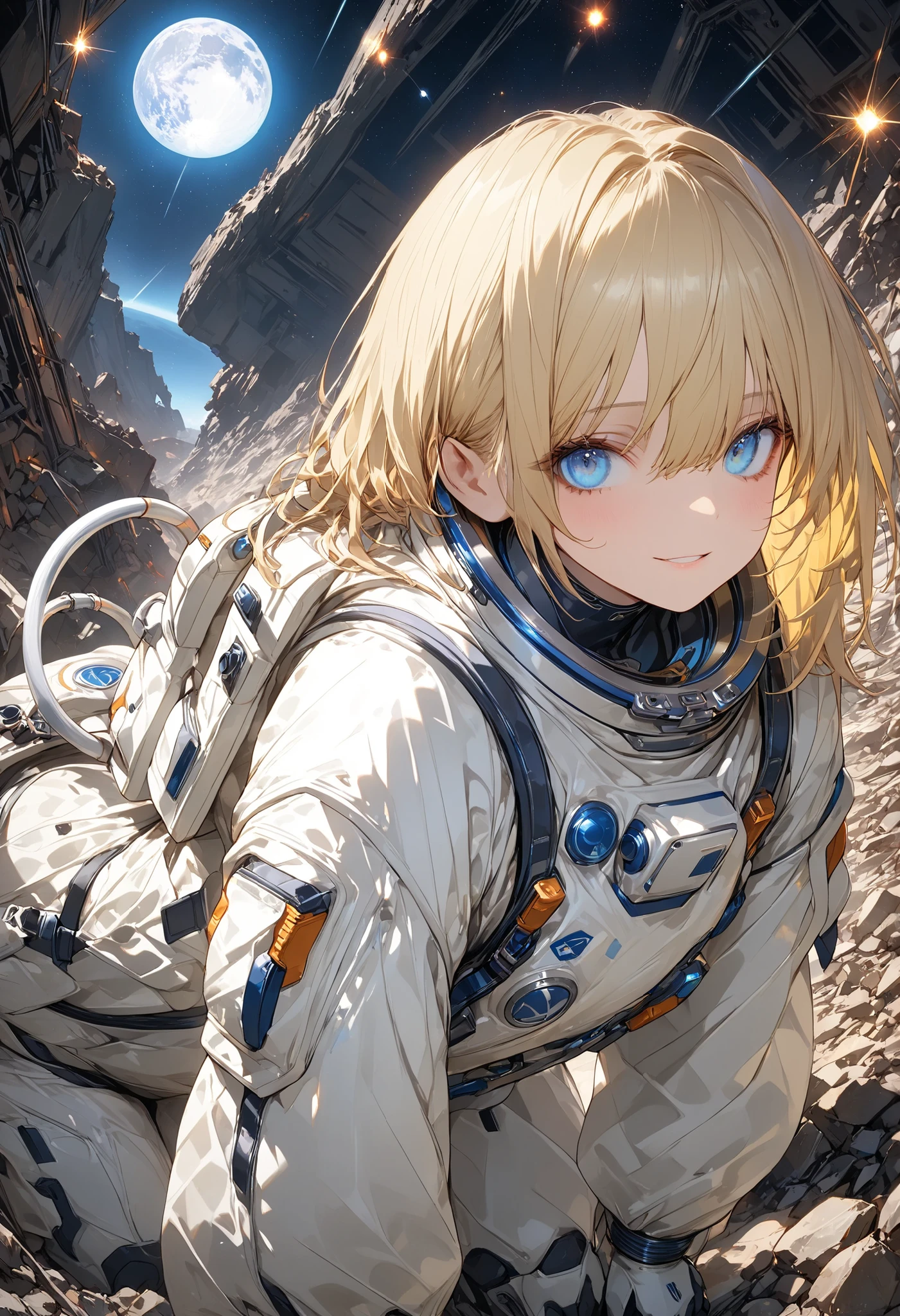 (masterpiece,Highest Quality,ultra detail,超high definition,detailed background),((flat color)),((colorful)),(1girl),watch the viewers,solo,cowboy shot、The Forgotten Star、planet、Daytime、小さなWhite Moon、meteor、空から降り注ぐmeteor、無数のmeteor群、Earth After Three Thousand Years、Earth without humans、Apocalypse Hotel、The Forgotten Earth、The edge of the galaxy、What kind of stories happened on this forgotten planet、The Forgotten Earth、🌏、Collapsed civilization、Covering up、Rubble spreads all over、A girl in a spacesuit looking into the distance、White Moon、 What kind of story happened on this forgotten planet、masterpiece，（masterpiece），full body view ,best quality ，（Highest Quality）， cinematiclighting ，（cinematic lighting）、beautiful detailed eyes ，eye detail connected to an electric wire，uitra-detailed，（Super Detailed），highresolution， （high definition），8k，8K resolution，official art，（official illustration style），