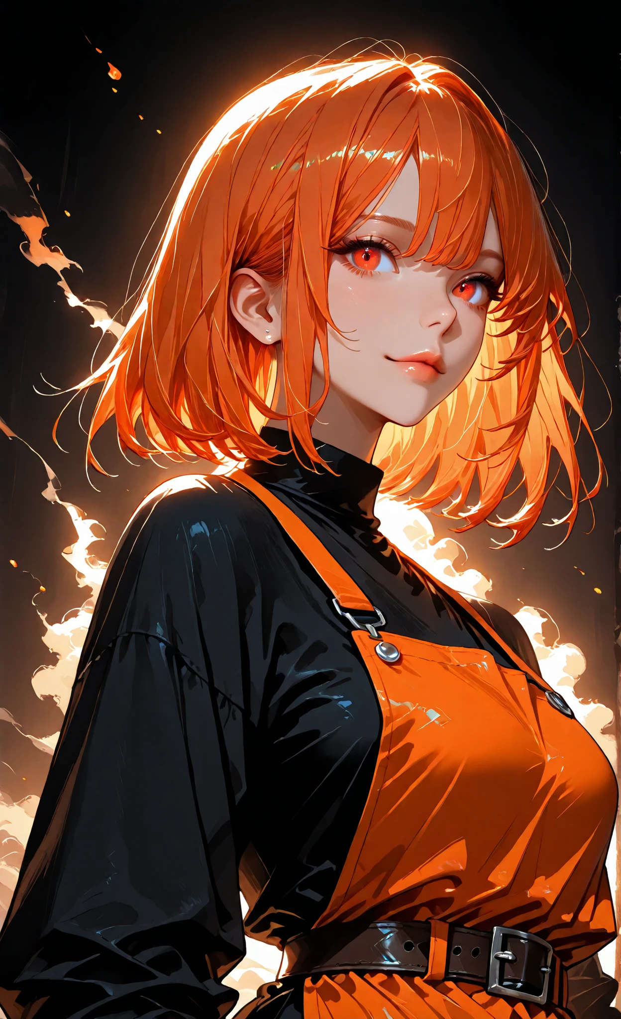 masterpiece, high detail,solo、orange hair、bob hair、round red eyes、big smiles、walk at night、Orange apron、black inner shirt、Upper Body Closeup、She cooks shrimp、Production line , Belt Conveyors , flaws disappearing, lighting becoming perfect, (dramatic lighting:1.2), (desire visualization:1.1), fantasy portrait style, (alluring atmosphere:1.3), intimate setting