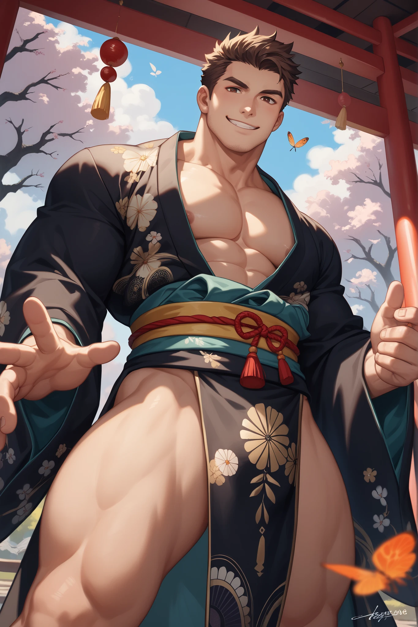 score_9, score_8_up, score_7_up, score_6_up, score_5_up, score_4_up intricate_details_xl, cherry blossoms, simple background, dark theme, gradient background zhongli, brown hair, orange hair, gradient hair, crossed arms, (pout:0.9), light frown,  man, clothless, , full-height, big muscles, feet, hairy armpits, two , geo 