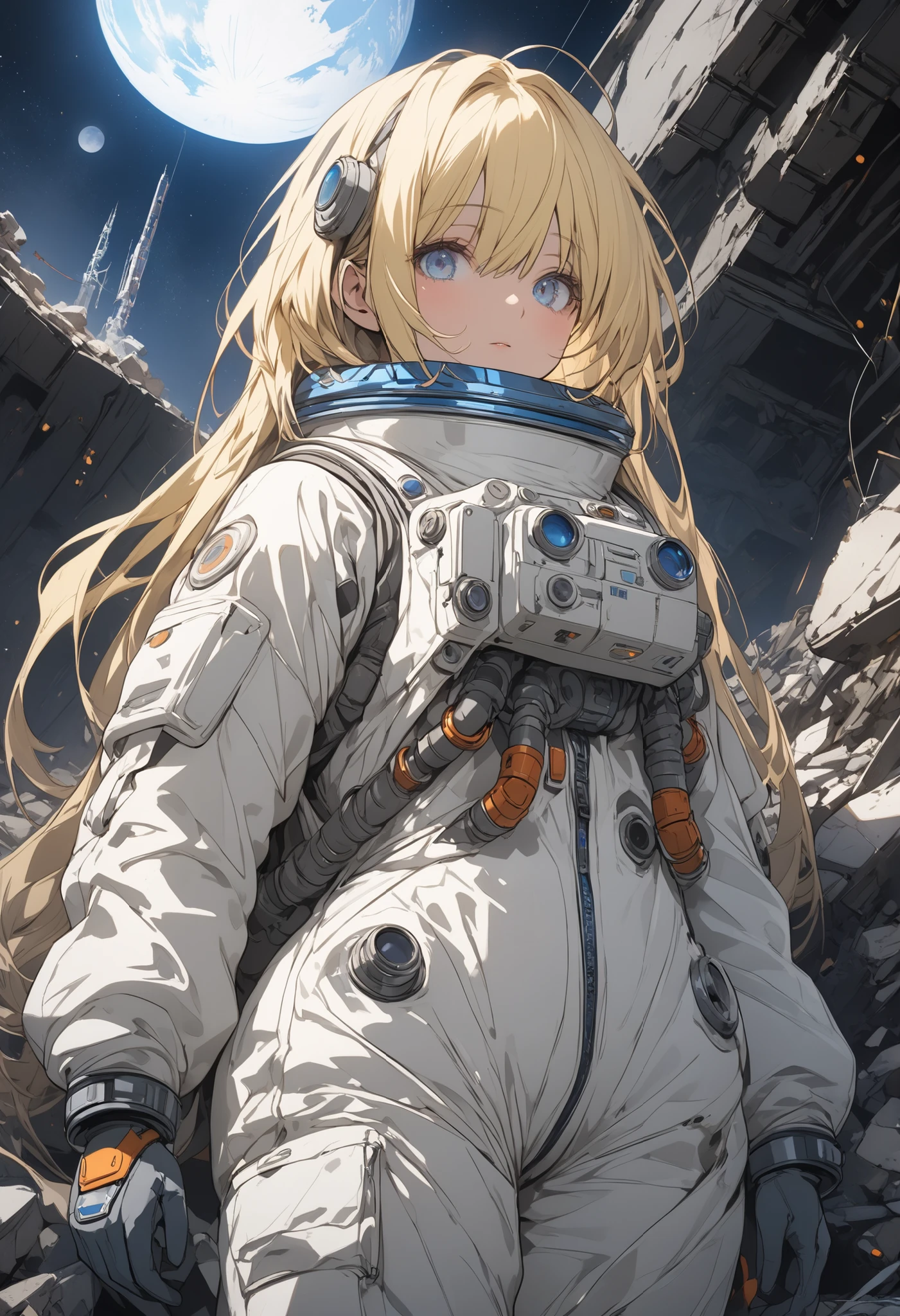 (masterpiece,Highest Quality,ultra detail,超high definition,detailed background),((flat color)),((colorful)),(1girl),watch the viewers,solo,cowboy shot、The Forgotten Star、planet、Daytime、Earth After Three Thousand Years、Earth without humans、Apocalypse Hotel、The Forgotten Earth、The edge of the galaxy、What kind of stories happened on this forgotten planet、The Forgotten Earth、🌏、Collapsed civilization、Covering up、Rubble spreads all over、A girl in a spacesuit looking into the distance、White Moon、 What kind of story happened on this forgotten planet、masterpiece，（masterpiece），full body view ,best quality ，（Highest Quality）， cinematiclighting ，（cinematic lighting）、beautiful detailed eyes ，eye detail connected to an electric wire，uitra-detailed，（Super Detailed），highresolution， （high definition），8k，8K resolution，official art，（official illustration style），