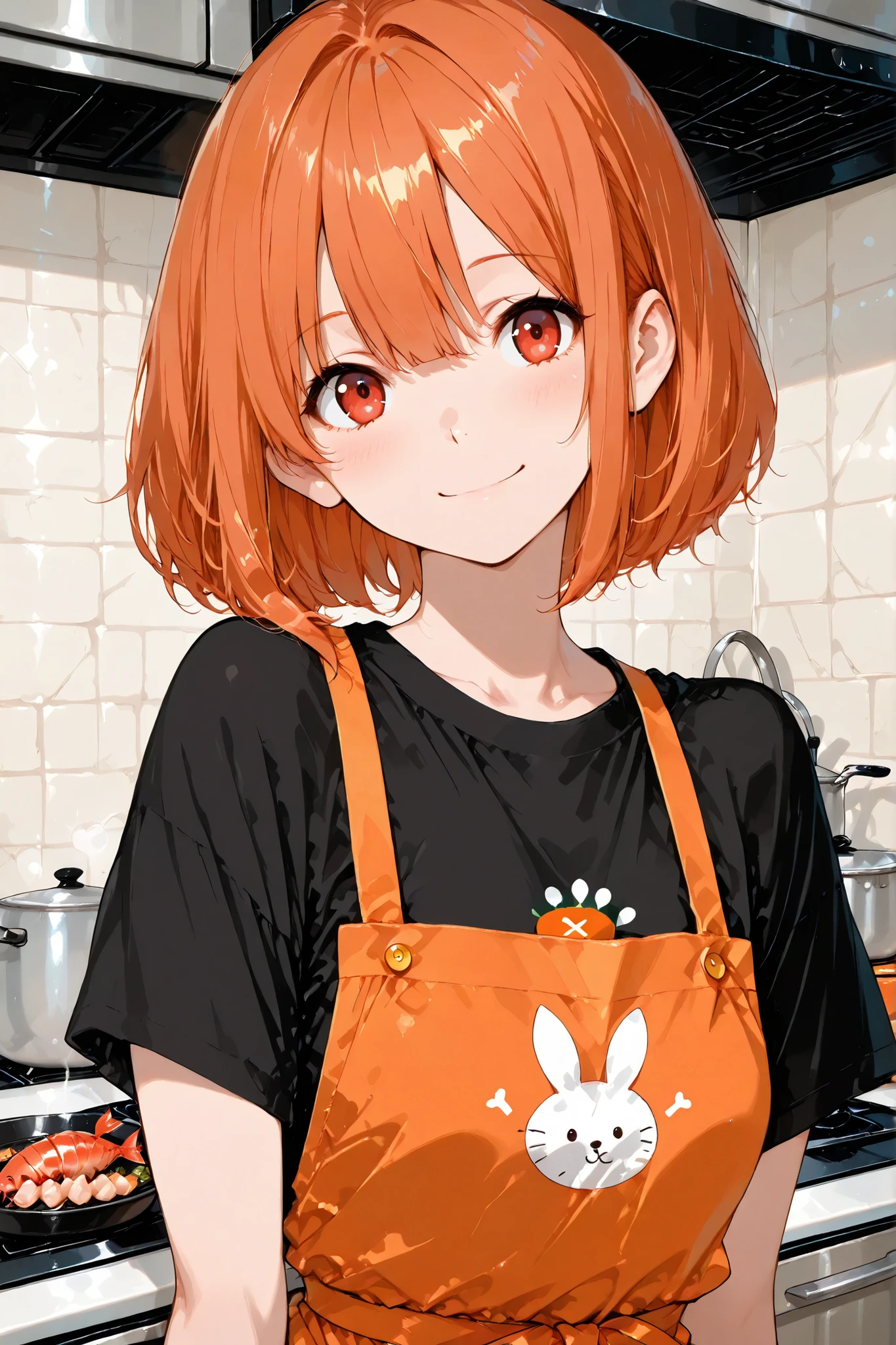 (masterpiece, high resolution, best quality, ultra-detailed, 8k), anime style, one woman、solo、orange hair、bob hair、round red eyes、big smiles、walk at night、Orange apron、black inner shirt、Upper Body Closeup、She cooks shrimp、kitchen background