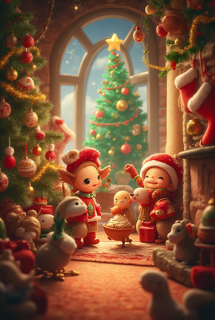 On a cold winter day, Snow-covered festival town, like a well-decorated white blanket。The Christmas tree in the town  decorated with lights, Shimmering with a warm glow, Adding a strong festive atmosphere to the entire environment。, The windows of every house are covered with various Christmas stickers, The warm atmosphere in the house spreads through the windows, Let people feel the warmth of home。Inside the house, people sitting around the dining table, Enjoy a sumptuous Christmas dinner, Laughter and chatter mingled, The result presents a harmonious picture。, Shop windows on both sides of the street are carefully decorated, Displays various Christmas related topics。Some display cute reindeer and snowmen, Some scenes of family reunions, The photo shows Santa Claus busy in front of the chimney。These window displays make you feel like you are in a fairy tale world full of joy and surprises。, In the center of the city, There  a huge Christmas tree, The tree  filled with colorful decorations and twinkling lights。Various gifts and toys are placed under the tree, Attract children to come looking for Christmas gifts。Some families even put a huge cake under the tree, celebrate this special holiday。, natta, Snowflakes falling in the sky, The whole town  illuminated like a dream by snow-white lights and lanterns。Children  snowmen in the snow, snowball fight, Laughter echoes in the air。And the streets and alleys, Band plays cheerful Christmas songs, People sing and dance to celebrate this special festival。, Generally speaking, This Christmas town full of joy、warmth and love。Everyone  infected by the festive atmosphere, Immerse yourself in this beautiful fairy tale world。This scene  like a vivid picture, Make people linger, Feel the strong festive atmosphere。,  hyper HD, acurate, super detailing, high detal, high qulity, A high resolution