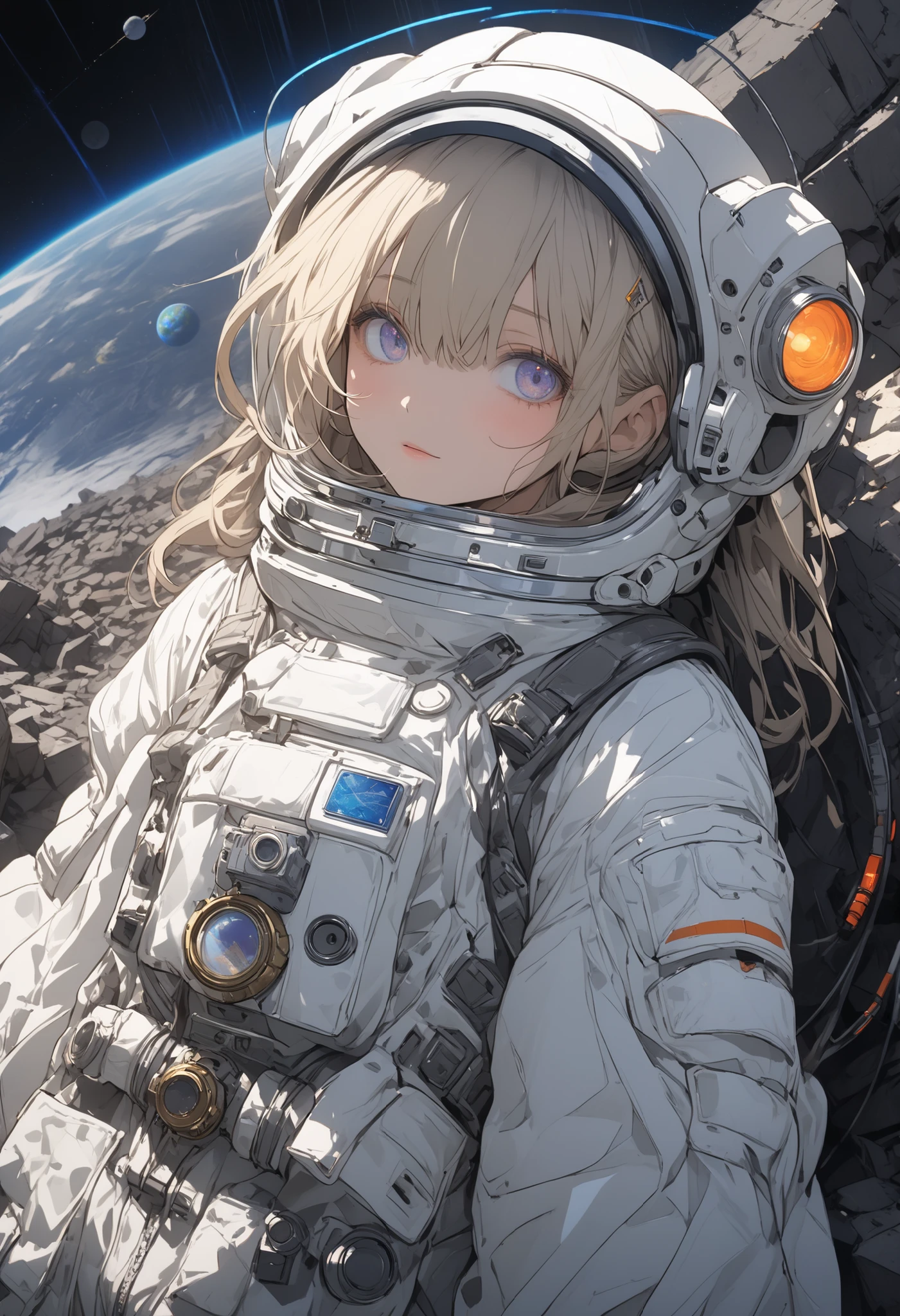 (masterpiece,Highest Quality,ultra detail,超high definition,detailed background),((flat color)),((colorful)),(1girl),watch the viewers,solo,cowboy shot、The Forgotten Star、planet、Daytime、Earth After Three Thousand Years、Earth without humans、Apocalypse Hotel、The Forgotten Earth、The edge of the galaxy、What kind of stories happened on this forgotten planet、The Forgotten Earth、🌏、Collapsed civilization、Covering up、Rubble spreads all over、A girl in a spacesuit looking into the distance、What kind of story happened on this forgotten planet、masterpiece，（masterpiece），full body view ,best quality ，（Highest Quality）， cinematiclighting ，（cinematic lighting）、beautiful detailed eyes ，eye detail connected to an electric wire，uitra-detailed，（Super Detailed），highresolution， （high definition），8k，8K resolution，official art，（official illustration style），