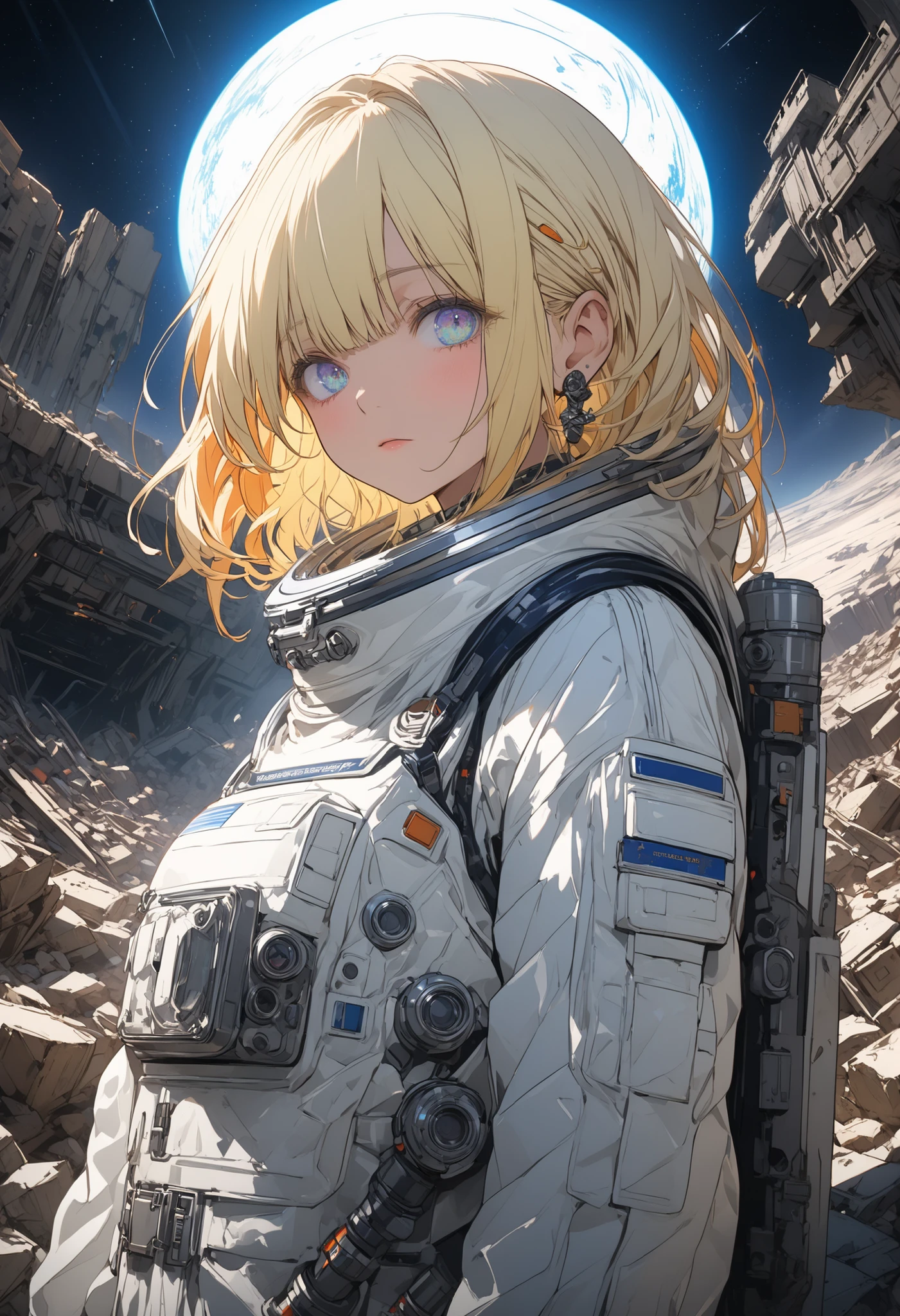 (masterpiece,Highest Quality,ultra detail,超high definition,detailed background),((flat color)),((colorful)),(1girl),watch the viewers,solo,cowboy shot、The Forgotten Star、planet、Daytime、Earth After Three Thousand Years、Earth without humans、Apocalypse Hotel、The Forgotten Earth、The edge of the galaxy、What kind of stories happened on this forgotten planet、The Forgotten Earth、🌏、Collapsed civilization、Covering up、Rubble spreads all over、A girl in a spacesuit looking into the distance、What kind of story happened on this forgotten planet、masterpiece，（masterpiece），full body view ,best quality ，（Highest Quality）， cinematiclighting ，（cinematic lighting）、beautiful detailed eyes ，eye detail connected to an electric wire，uitra-detailed，（Super Detailed），highresolution， （high definition），8k，8K resolution，official art，（official illustration style），