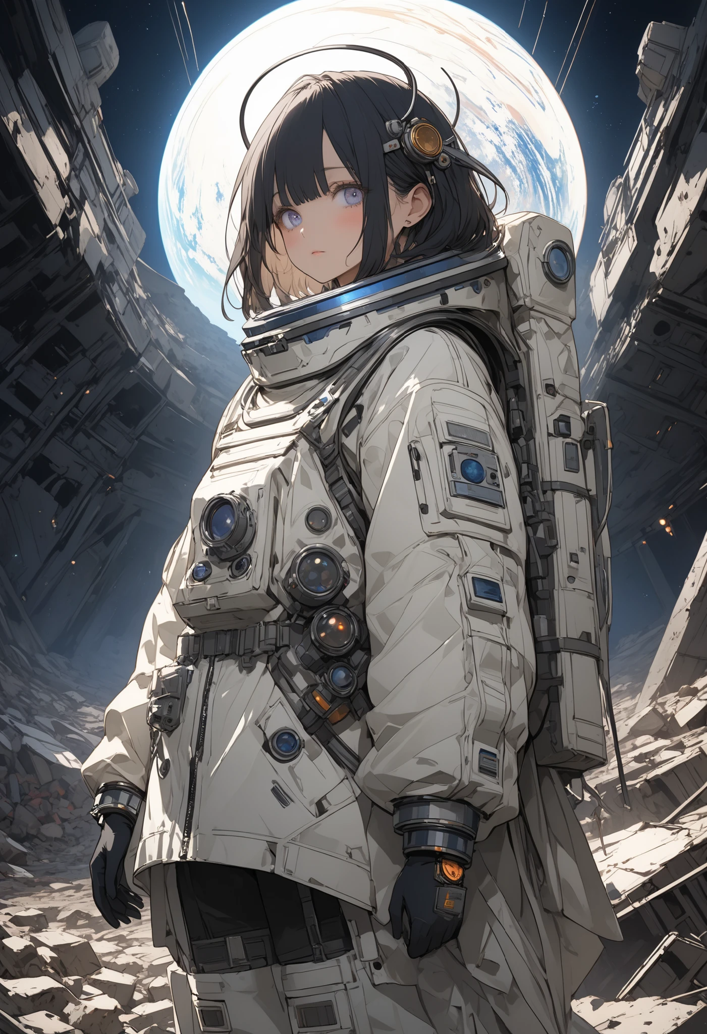 (masterpiece,Highest Quality,ultra detail,超high definition,detailed background),((flat color)),((colorful)),(1girl),watch the viewers,solo,cowboy shot、The Forgotten Star、planet、Daytime、Earth After Three Thousand Years、Earth without humans、Apocalypse Hotel、The Forgotten Earth、The edge of the galaxy、What kind of stories happened on this forgotten planet、The Forgotten Earth、🌏、Collapsed civilization、Covering up、Rubble spreads all over、A girl in a spacesuit looking into the distance、What kind of story happened on this forgotten planet、masterpiece，（masterpiece），full body view ,best quality ，（Highest Quality）， cinematiclighting ，（cinematic lighting）、beautiful detailed eyes ，eye detail connected to an electric wire，uitra-detailed，（Super Detailed），highresolution， （high definition），8k，8K resolution，official art，（official illustration style），