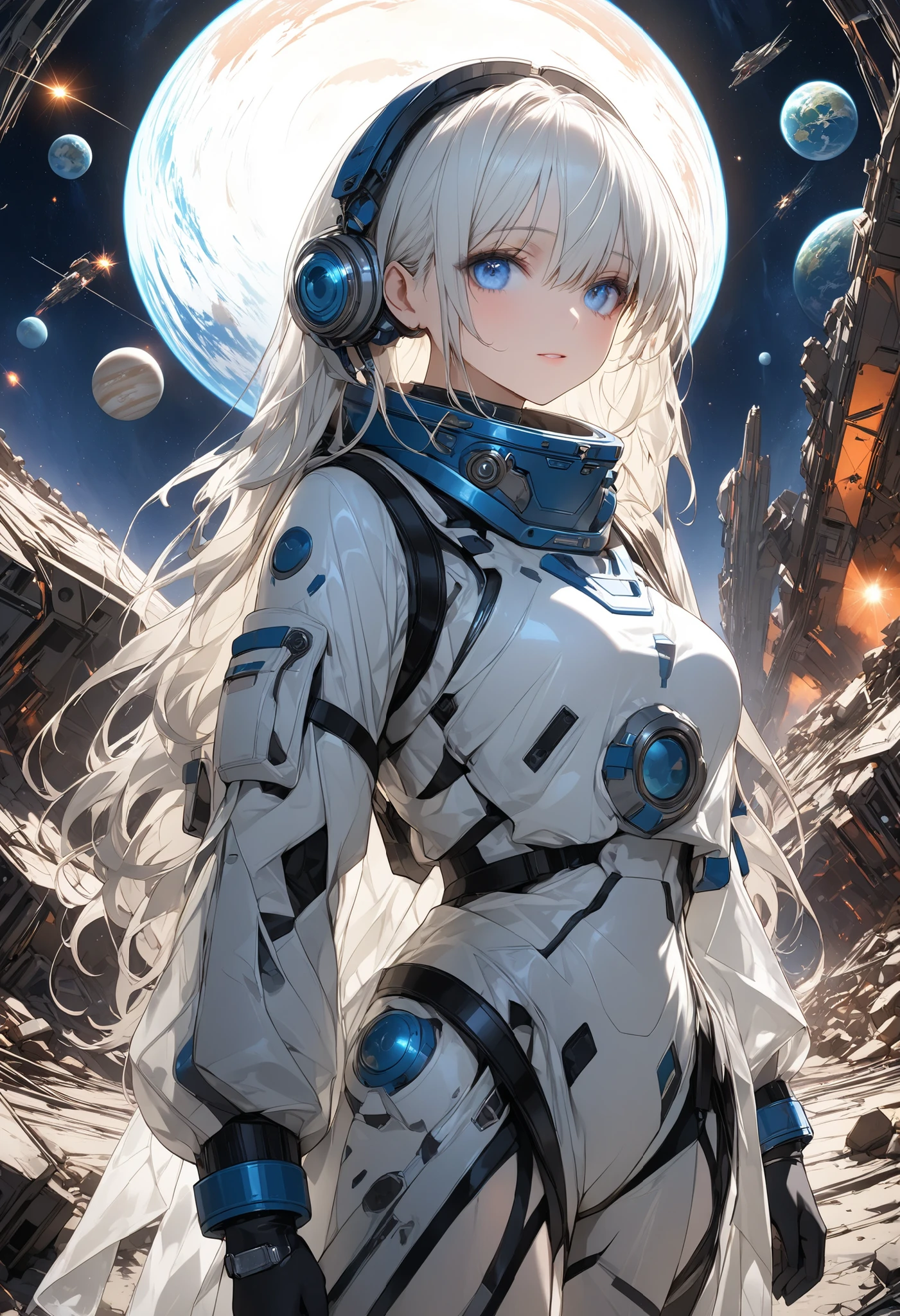 (masterpiece,Highest Quality,ultra detail,超high definition,detailed background),((flat color)),((colorful)),(1girl),watch the viewers,solo,cowboy shot、The Forgotten Star、planet、Daytime、Earth After Three Thousand Years、Earth without humans、Apocalypse Hotel、The Forgotten Earth、The edge of the galaxy、What kind of stories happened on this forgotten planet、The Forgotten Earth、🌏、Collapsed civilization、Covering up、Rubble spreads all over、A girl in a spacesuit looking into the distance、What kind of story happened on this forgotten planet、masterpiece，（masterpiece），full body view ,best quality ，（Highest Quality）， cinematiclighting ，（cinematic lighting）、beautiful detailed eyes ，eye detail connected to an electric wire，uitra-detailed，（Super Detailed），highresolution， （high definition），8k，8K resolution，official art，（official illustration style），