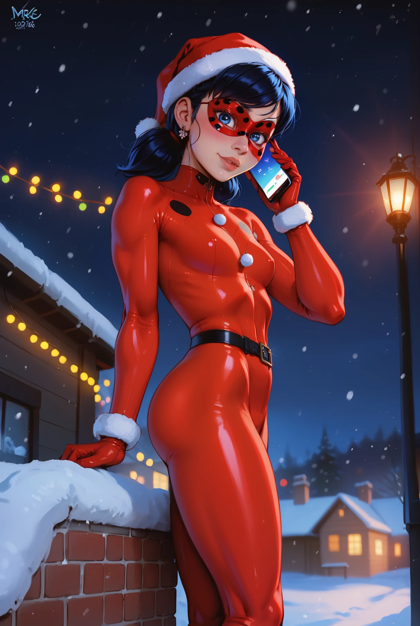 score_9, score_8_up, score_7_up, realistic lighting, silhouetted, masterpiece, portrait style, high_quality, highres, detailed_eyes, detailed, masterpiece, best quality, 8k, HDR, face_focus, high quality, very_awa, newest,
1girl, miraclady, 1girl, solo, blue hair, low twin tails, medium hair, blue eyes, hair ribbon, blue eyes, earring, big ass, ladybug costume, red and black mask, domino mask,small breasts, small pupils, naive look, red bodysuit, tight bodysuit, dynamic pose, fit body, long legs, smooth edges, (1girl, solo), holding a mobile phone, talking to mobile phone, screen glow, phone glow, holding mobile phone to side of face, (portrait photography, close up portrait:1), and slightly blushing, dark theme, soft focus, detailed, casual, drop shadow, real life, high detail, adult, aged up, perfect eyes, (simple dark background:1),, side view, leg up, christmas hat, christmas, Christmas lights on her suit, on the roof, winter, Parij, night, christmas atmosphere