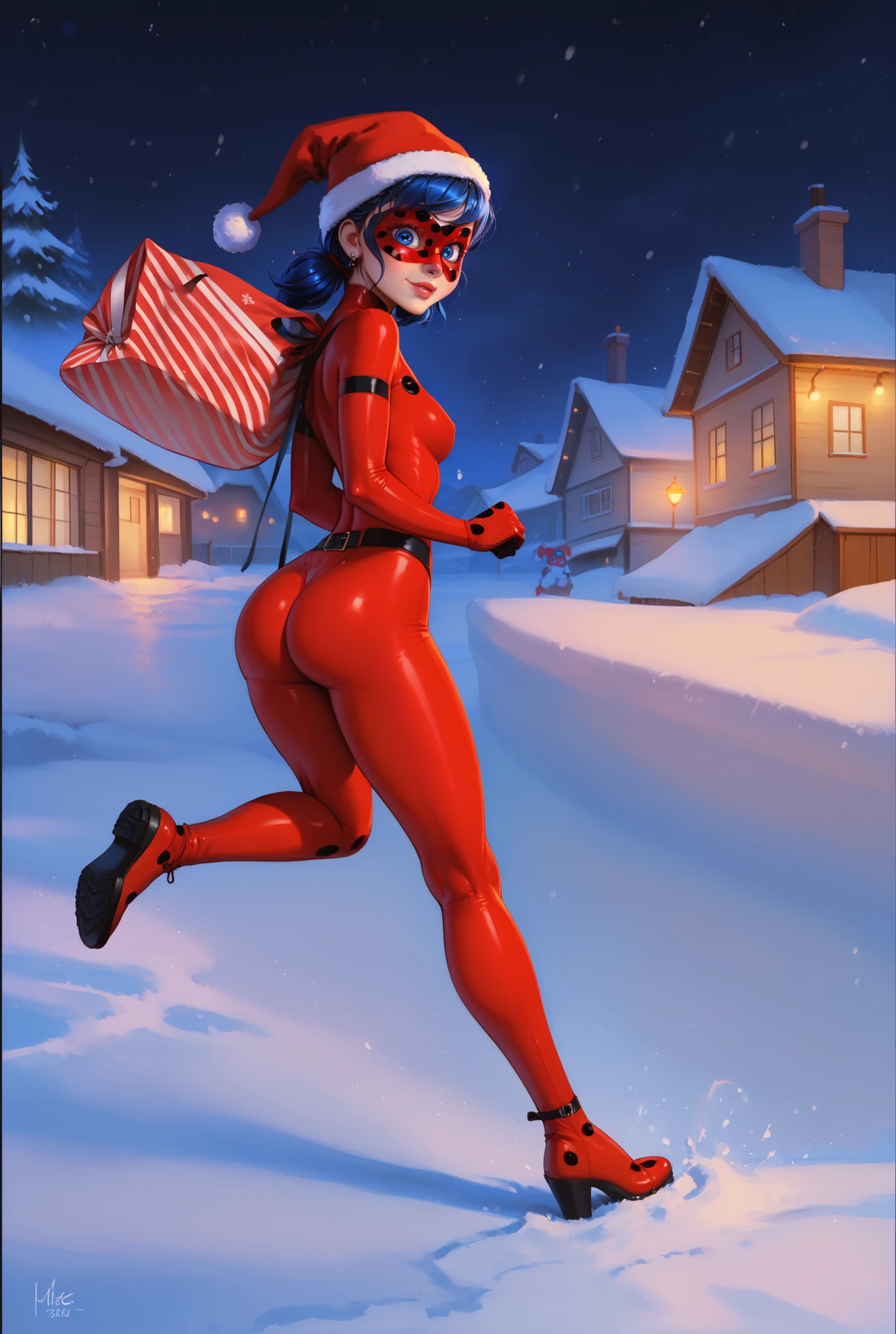 score_9, score_8_up, score_7_up, realistic lighting,  silhouetted,  masterpiece, portrait style, high_quality, highres, detailed_eyes, detailed, masterpiece, best quality, 8k, HDR, face_focus, high quality, very_awa, newest,
1girl, miraclady, 1girl, solo, blue hair, low twin tails, medium hair, blue eyes, hair ribbon, blue eyes, earring, big ass, ladybug costume, red and black mask, domino mask,small breasts, small pupils, naive look, red bodysuit, tight bodysuit, dynamic pose, fit body, long legs, smooth edges, (1girl, solo), dark theme, soft focus, detailed, casual, drop shadow, real life, high detail, adult, aged up, perfect eyes, (simple dark background:1),christmas hat, christmas, Christmas lights on her suit, on the roof, winter, Parij, night, christmas atmosphere, back view, run, running, holding christmas bag