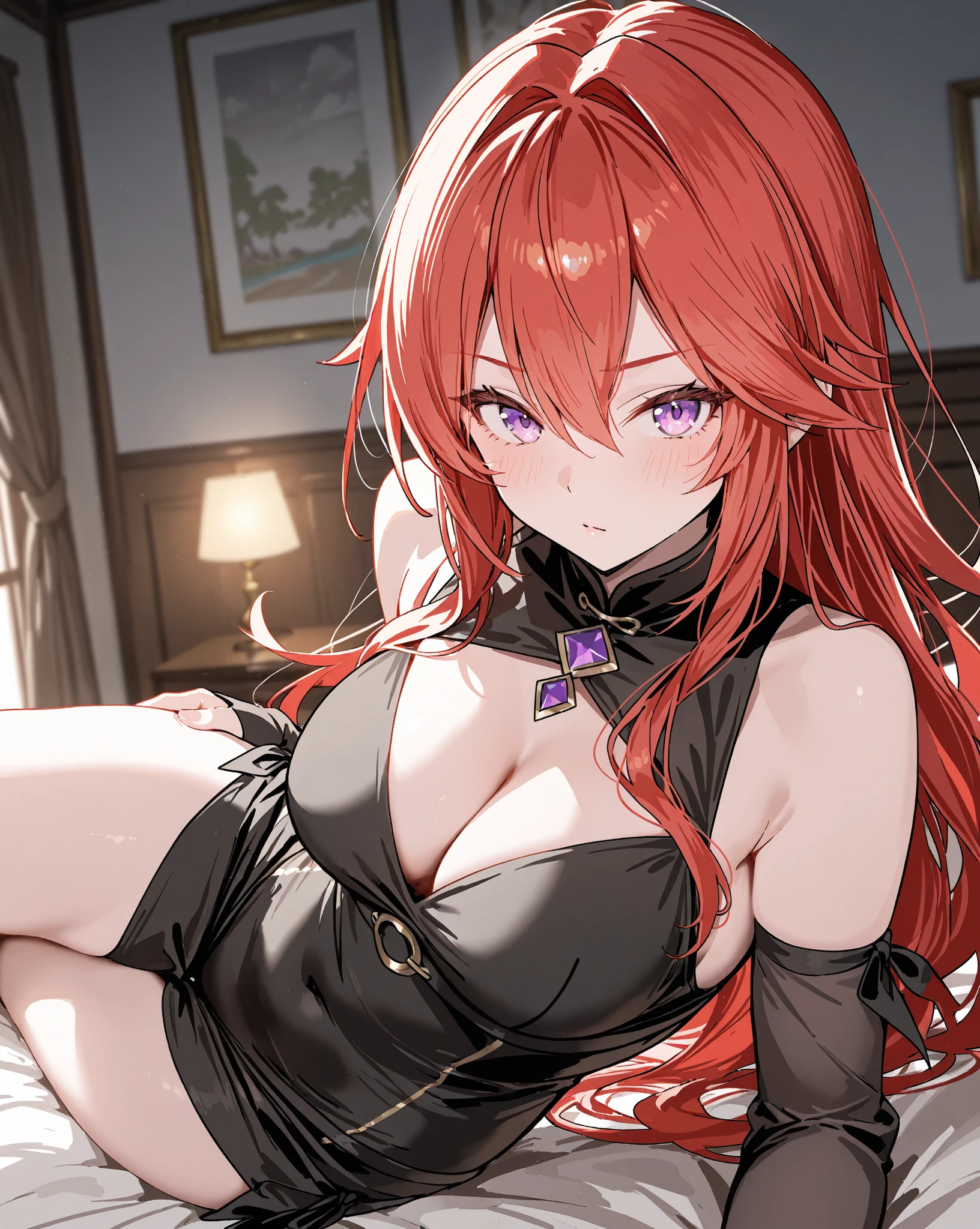 primitive，tmasterpiece，ultra fine photos，best qualtiy，超高分辨率，A woman dressed in silver-white light armor held a flaming sword，Silver-white light armor，long sword，Wearing noble jewelry，noble，Those cold black eyes seemed to go straight to the heart，The essence of the Lord of the Nine Layers of Hell was infused into her bloodline，The demon bloodline left a clear mark on the appearance，Spiral antelope horn，Beautiful red hair hanging down dark color，Black and blue heteropupils，Mature teenage girl，whole body picture，one-girl，Sitting on the couch in the tavern