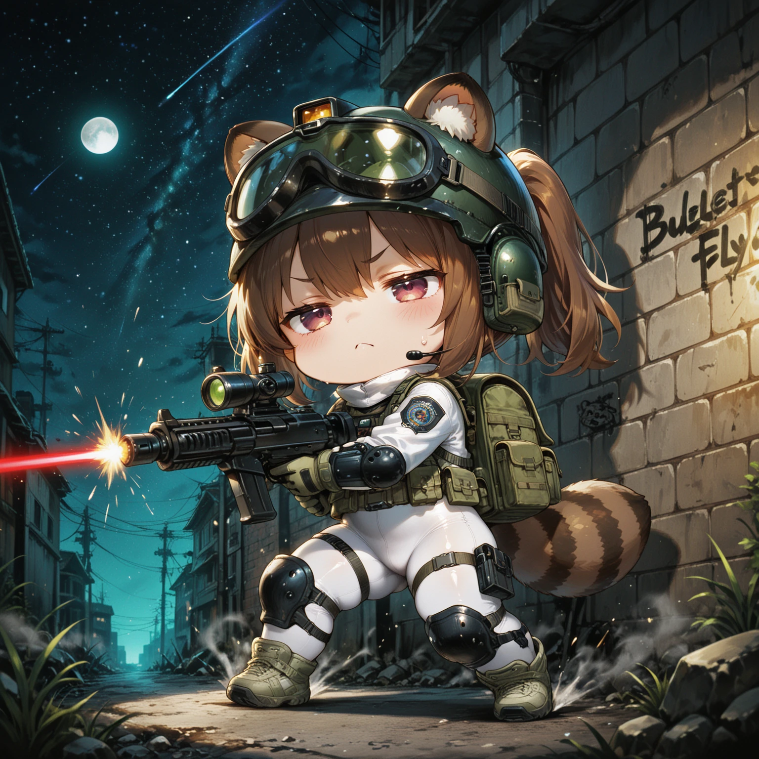 top-quality, ultra-detailliert, 1girl in, 独奏, Velorta, breastsout, up looking_で_viewer, red blush, A smile, Short_hair, bangss, skirt by the, D, thighs thighs thighs thighs, gloves, _shoulders, Twin-tailed, Closed_Mouth, ,yellow_Eyes, pleats_Skirt, long boots, tongue, Black_gloves, a belt, Black_thighs thighs thighs thighs, a , tongue_out, fingerless_gloves, Black_Skirt, Black_Footwear, zettai_ryouiki, The tattoo, ((Chibi)),Sniper rifle