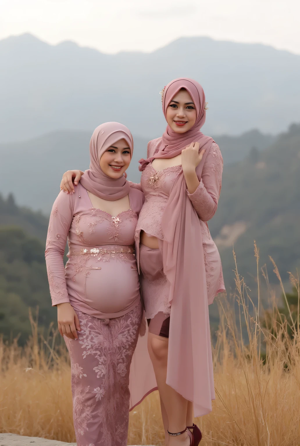 2 preggos wife , tight hijab , pregnant huge belly, preggo big belly, big breast, huge ass, huge tits, wearing short skirt, wears red high heels, beautiful hips , round buttocks , hand detail , very thick lips ( maroon color), smiley face ( turns to the camera ) , standing pose ,both hands embracing each other ,(( looking at the shape of her buttocks )) ,(( taking a photo from the side )) . Background in the mountain. (( lighting the photo object very bright and clear )) , 32K , RAW, (( realistic )).