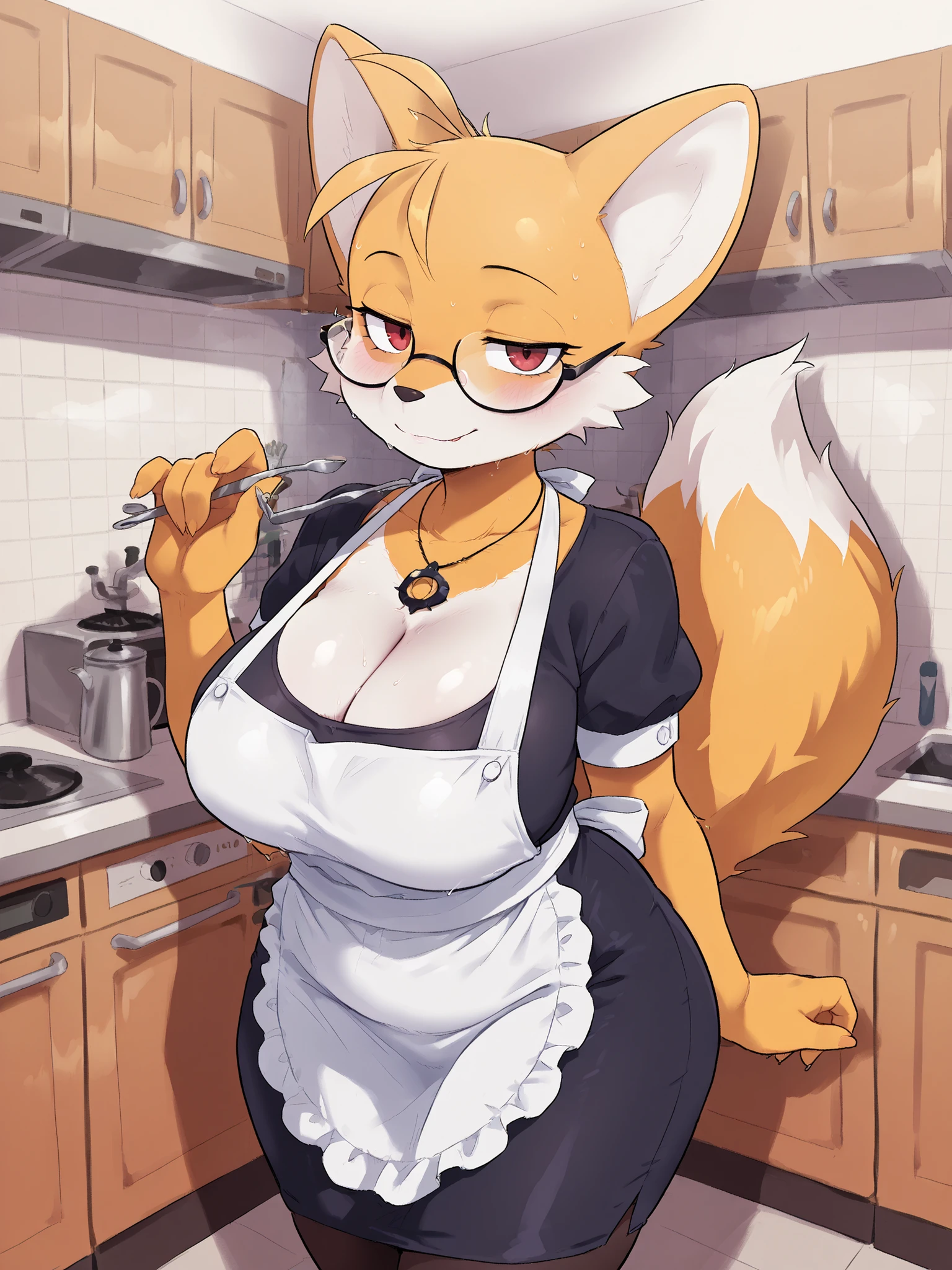 (masterpiece, the best quality), incredible quality, very aesthetic, absurd, high resolution, NEW , HDR-10, 8K, Cinematic, professional photo, chica, librarian, (((female miles "Tails" Prower:1))), Big breasts, (Small but curvy), glasses, fat nose, caderas anchas, blue waitress dress with white apron:1, Standing, black necklace, (((seductive expression))), (((neckline))), in the kitchen, detailed background, subsurface dispersion, translucent, brilliant, SSS, of the highest quality, atmospheric haze , IllustrationsP0s  , (super quality:1.2),  very excited