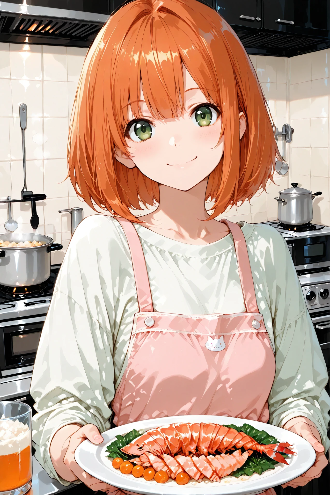 (masterpiece, high resolution, best quality, ultra-detailed, 8k), anime style, Solo, one girl,orange hair、bob hair、green eyes、smile、cooking in the kitchen、shrimp dish on a plate 、 professional lighting、upper body closeup