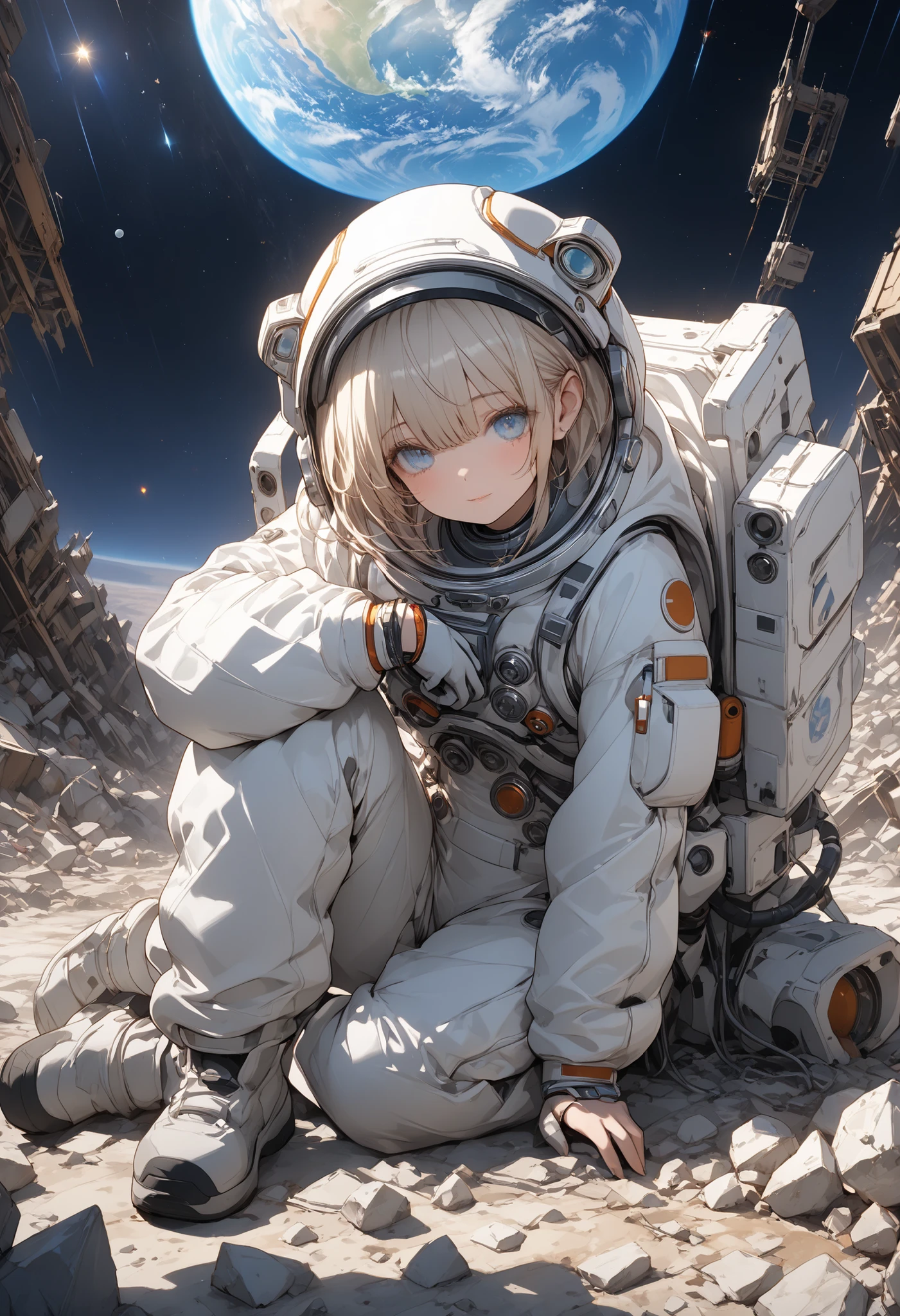 ((1girl,solo))absurdres, highres, ultra detailed, (1girl:1.3), (disheveled hair,beautiful detailed eyes,shiny oily skin:1.1),
smile or open mouse,
sitting in the cockpit of a spacecraft
many stars and numerous spacecraft moving around
giant stars, the sun, and the moon
spacecraft
astronaut
Robots and artificial intelligence devices
space helmet
comet
 tangle of wires