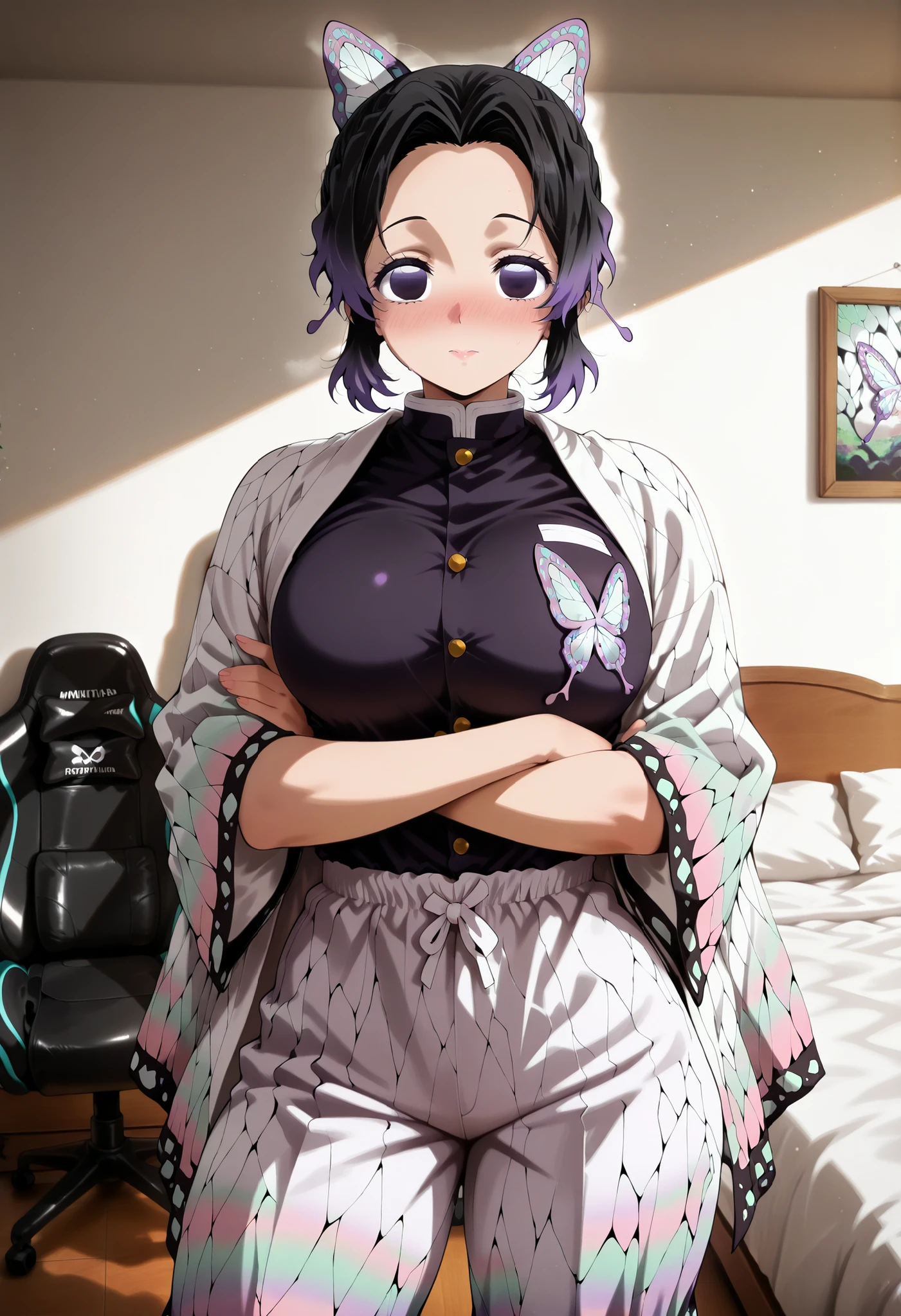 score_9, score_8_up, score_7_up, score_6_up, score_5_up, score_4_up, masterpiece, high quality, shiny skin, shiny hair, shiny body, clear body, large breasts, nose blush, nice legs, standing, nice legs, posing, SFW, looking at viewer, thick thigh, thick thighs, nice face, large breasts, solo, bedroom, posing, pose, contrapposto, detailed bedroom, bed, gaming chair, gaming pc, pants, pants, fully pants, ht_pajamas,laces, crossed arms, 1girl, shinobu kochou, animal print, black hair, butterfly, butterfly hair ornament, butterfly print, forehead, gradient hair, hair ornament, haori, multicolored hair, parted bangs, purple hair, short hair, two-tone hair,,