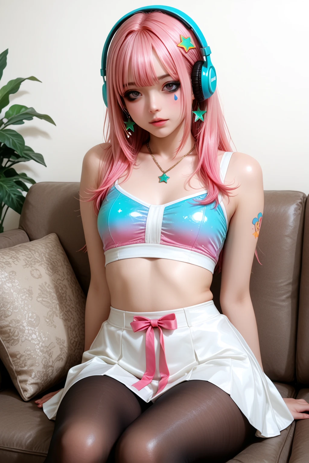 ( harassment，A group of boys surrounded a twelve-year-old girl with a flat chest and a very petite figure.:1.7)，(The only girl， pose，Showing her crotch to the audience，Half recumbent，Lean back，squatting pose，Spread your legs to the sides，A  smile)，(Stylish hairstyle，Design intricate hairstyles，Hair of many colors，random color hair，Cute hairstyle，Multi-colored hair，Rainbow color pick-dye，symmetrical hairstyle，full bangs)，(sensual ，There are strangulation marks on the )